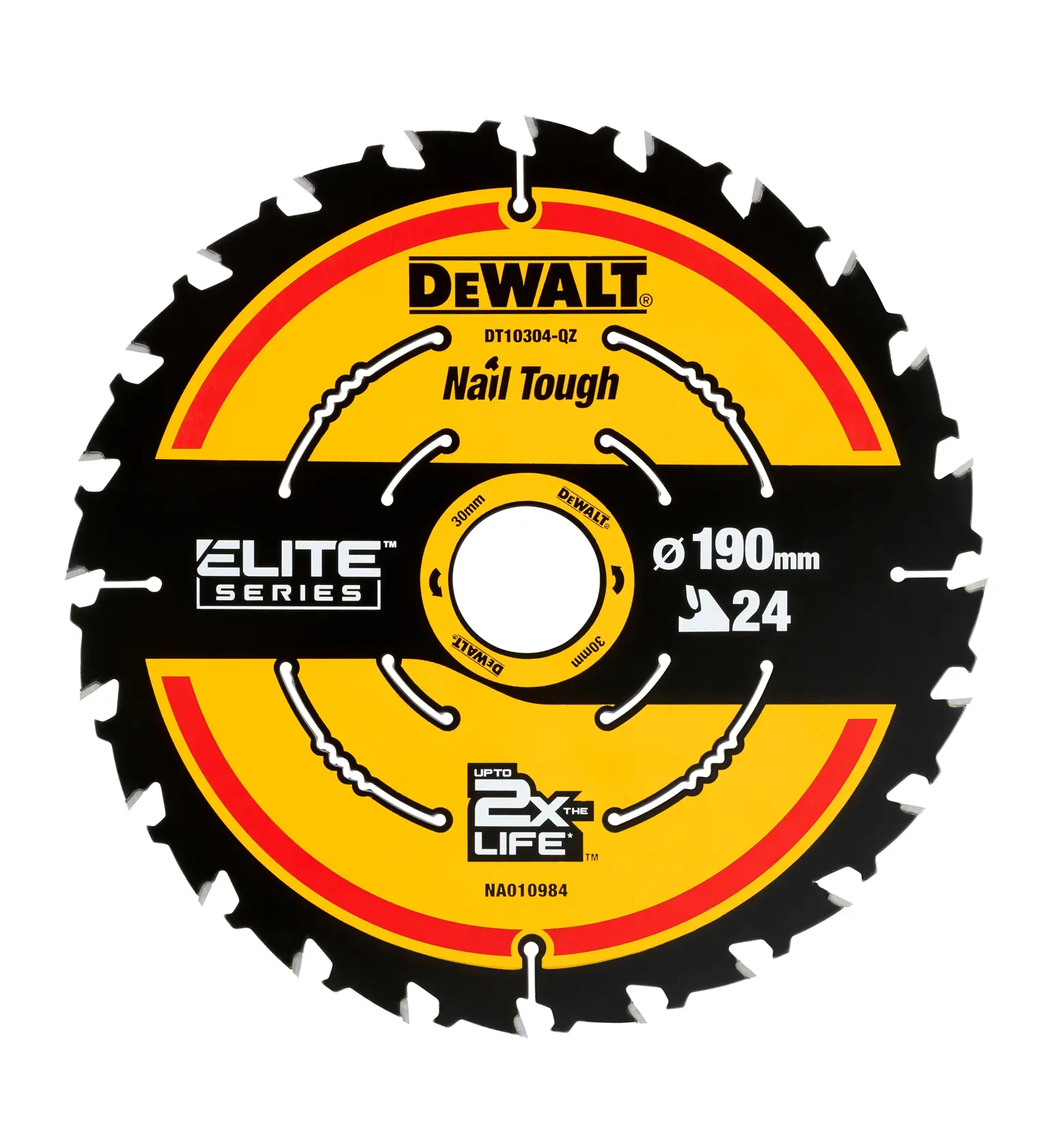 Lame DEWALT 190mm 24 dents, Elite Series Nail Tough. Design circulaire noir et jaune.
