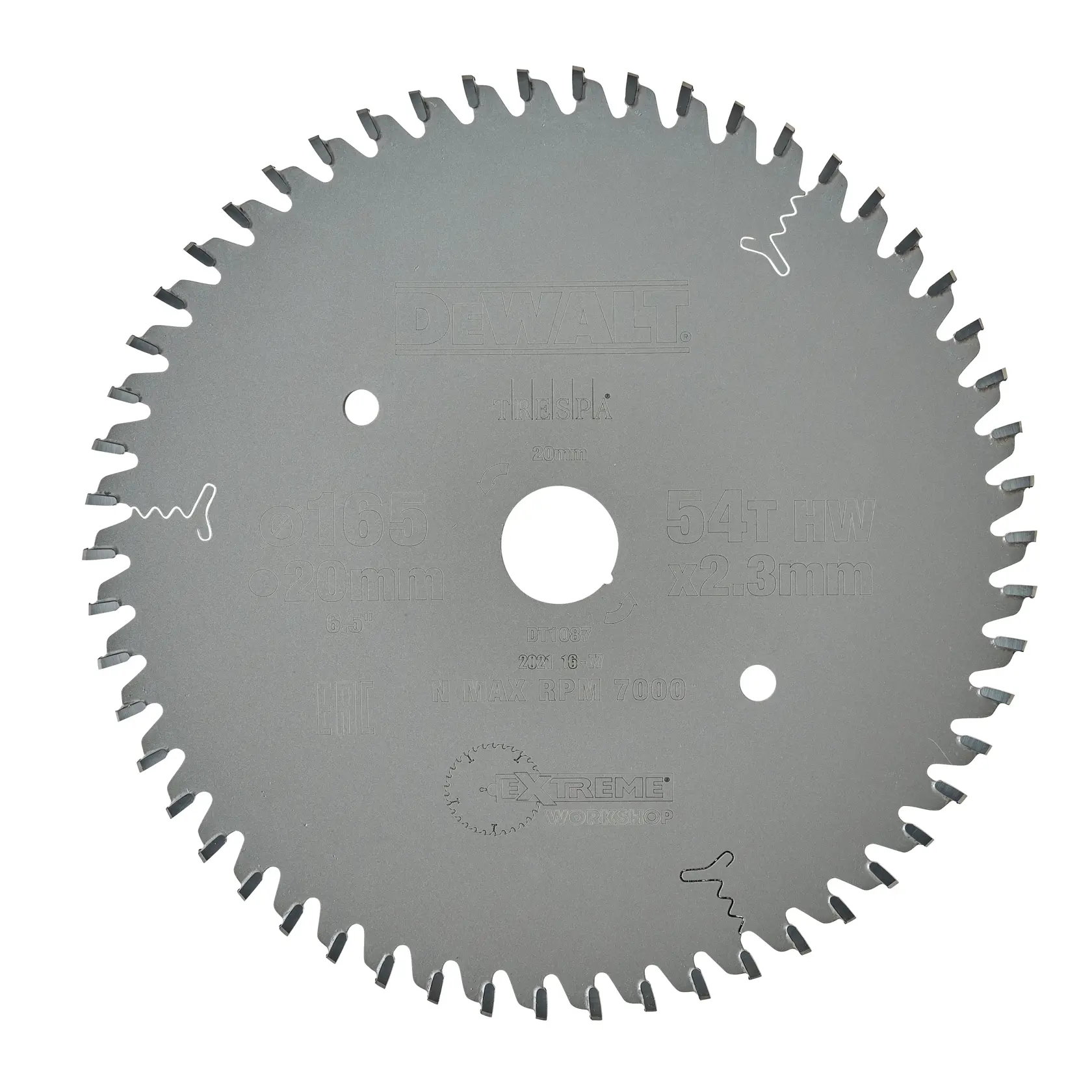 Une lame de scie circulaire DEWALT, modèle DT1087, avec 54 dents et un diamètre de 165mm. La lame est en métal robuste et conçue pour une utilisation en atelier.