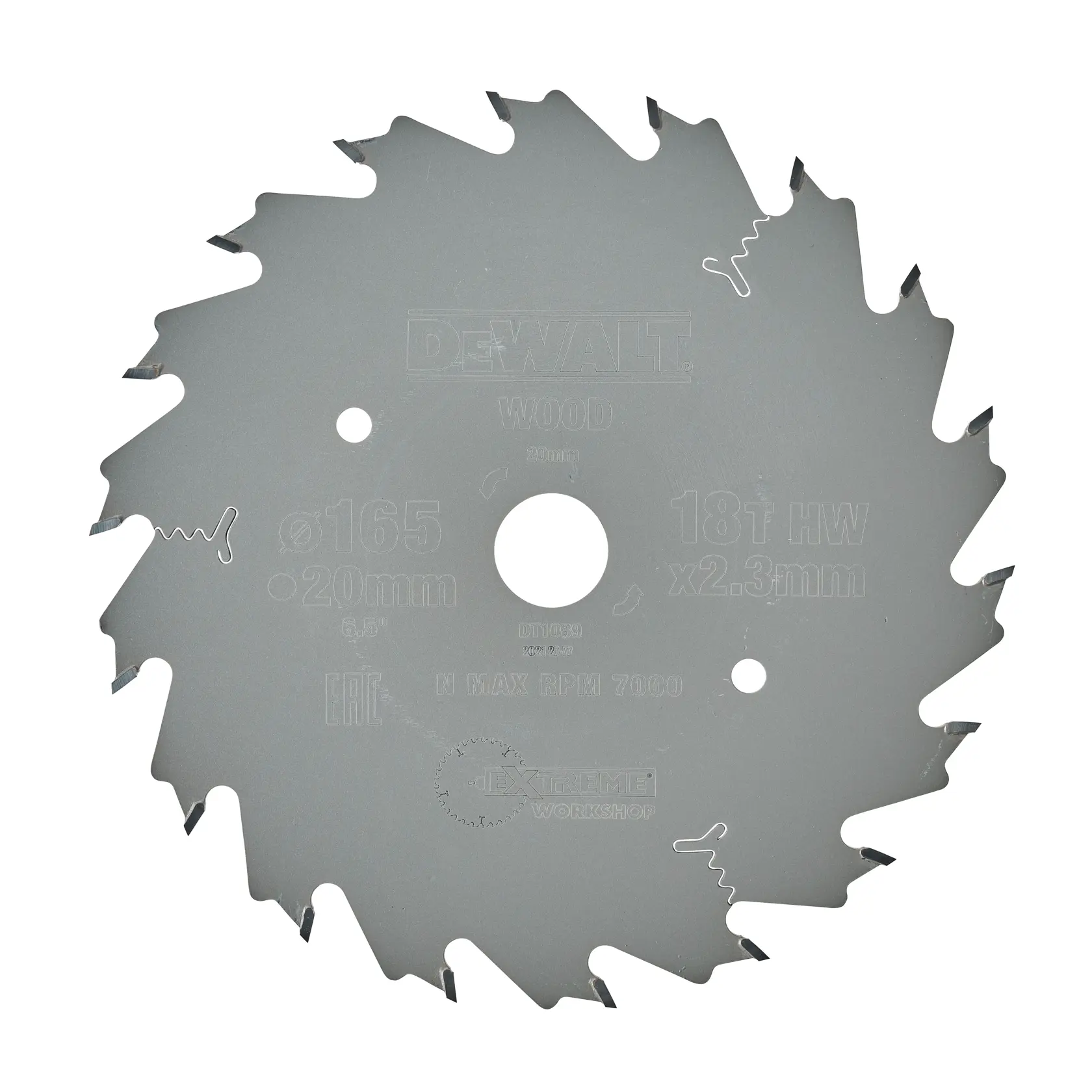 Lame de scie circulaire DEWALT, modèle DT1089, conçue pour la coupe du bois. La lame est gris argenté avec 18 dents et comporte des spécifications gravées, notamment un diamètre de 165 mm, un alésage de 20 mm et une épaisseur de 2,3 mm.
