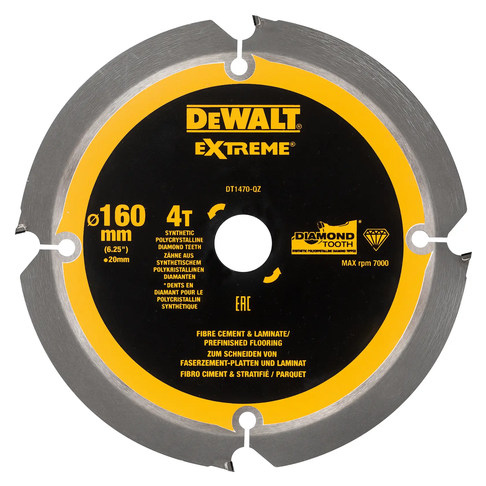 Lame DEWALT DT1470, 160mm, 4 dents diamant, pour couper du fibre-ciment et du stratifié.