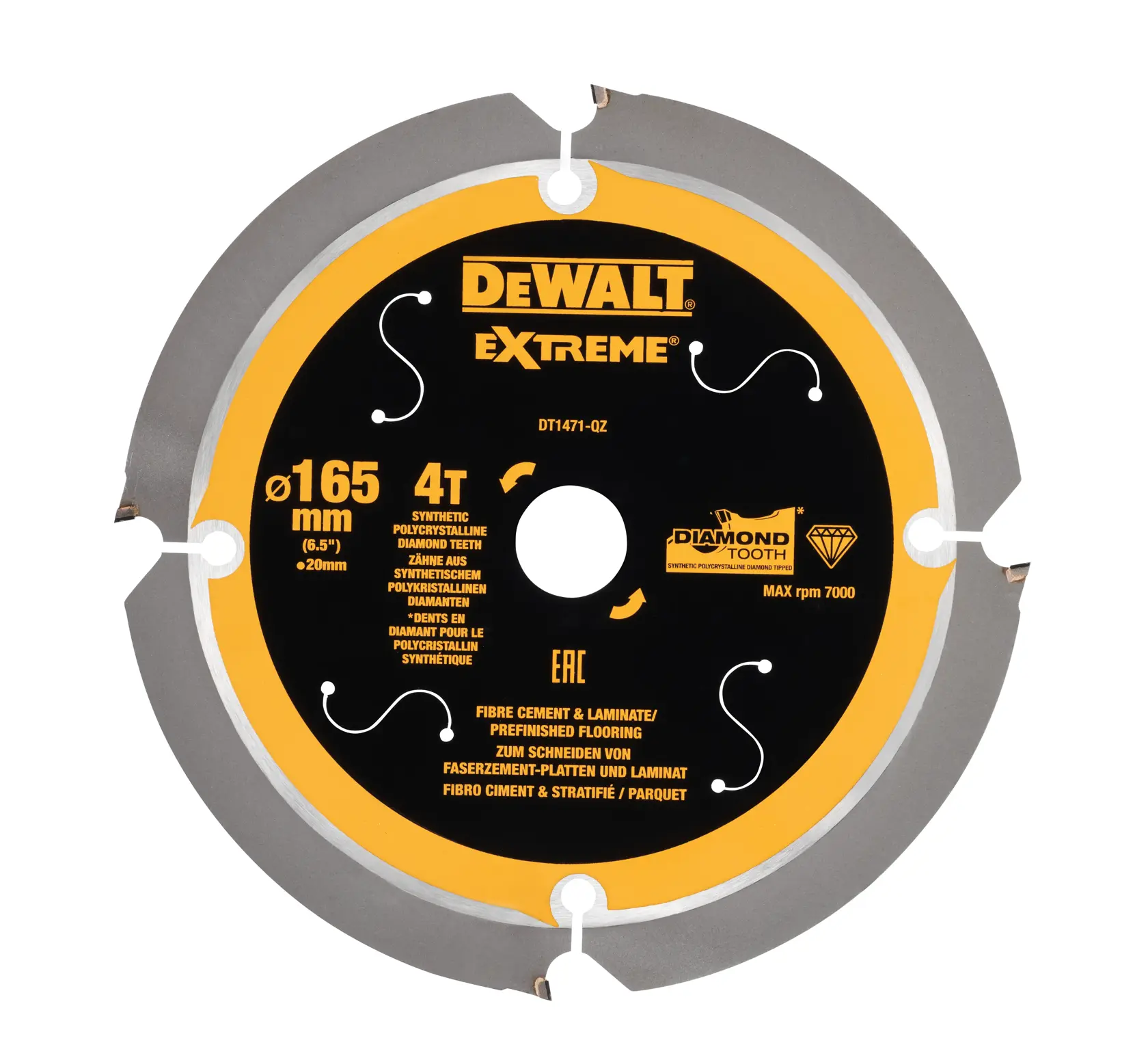 Lame DEWALT DT1471 Extreme pour fibrociment et stratifié. Diamètre 165mm, 4 dents diamant synthétique.