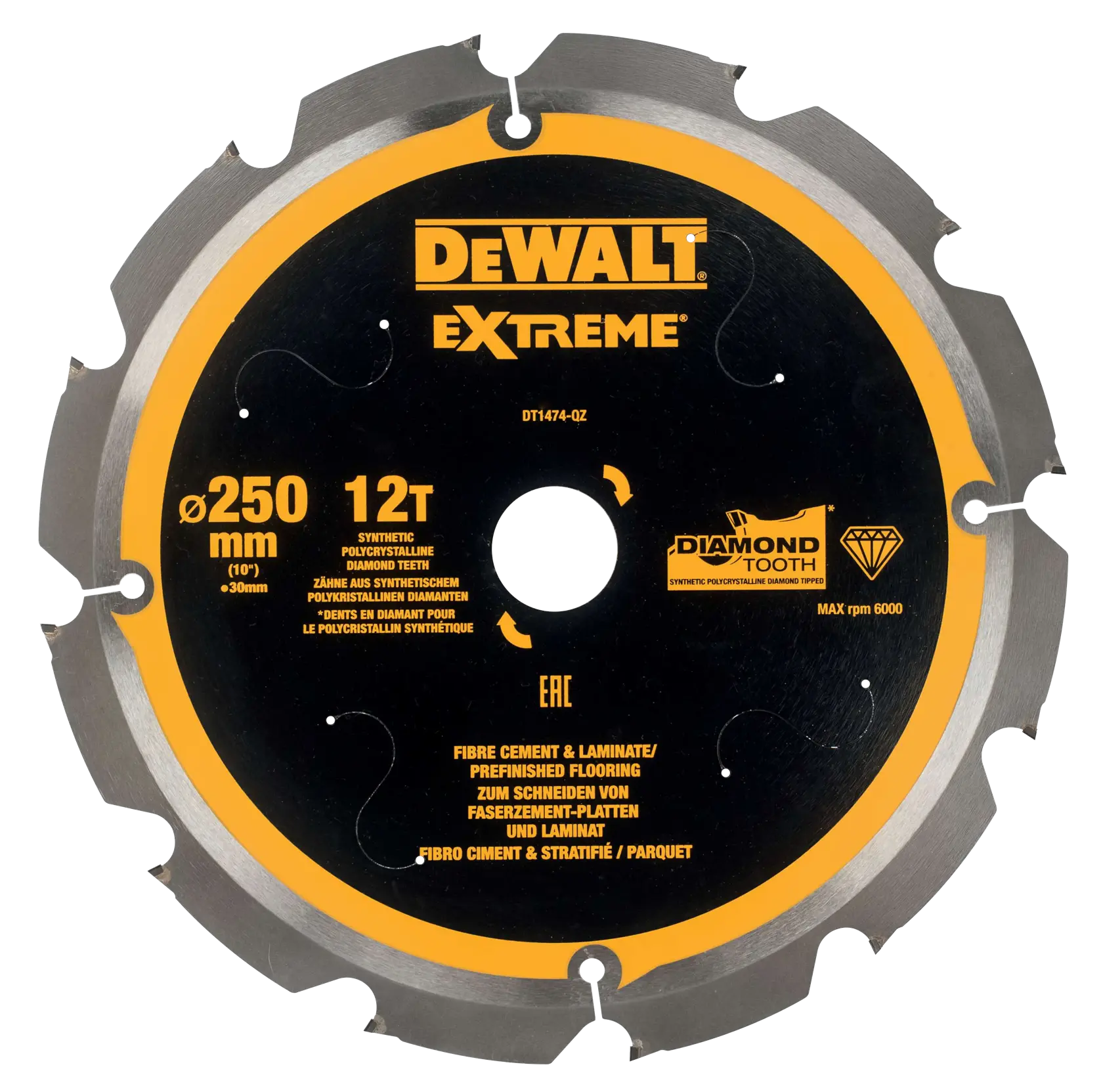 Lame de scie circulaire DEWALT Extreme 250mm 12T pour fibre-ciment, stratifié et sols.