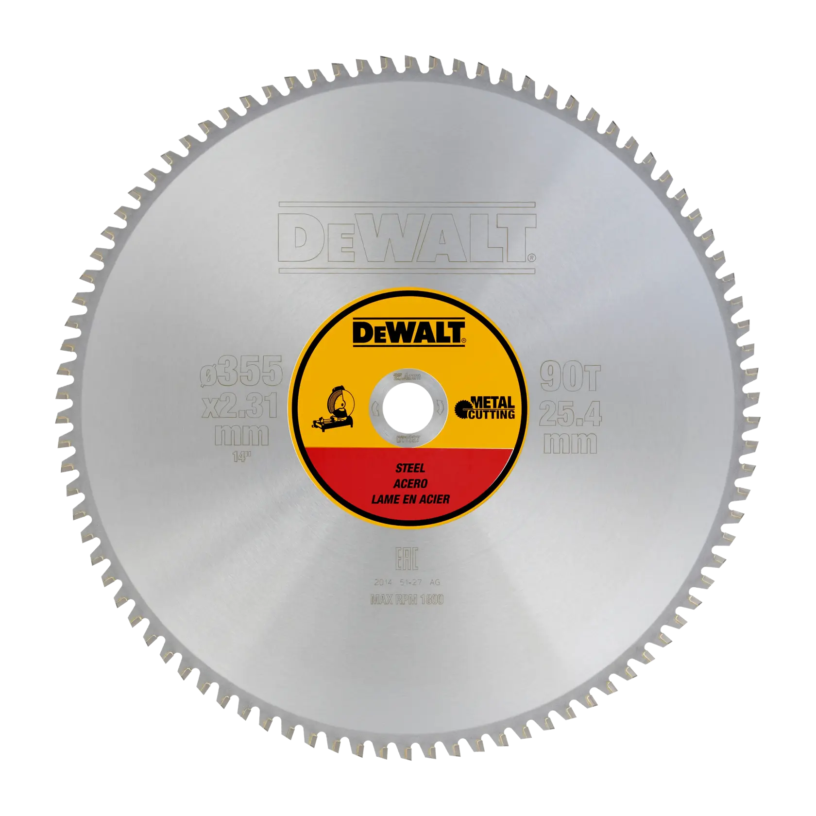 Lame circulaire DEWALT DT1927 pour acier, 355mm, 90 dents, conçue pour couper du métal.