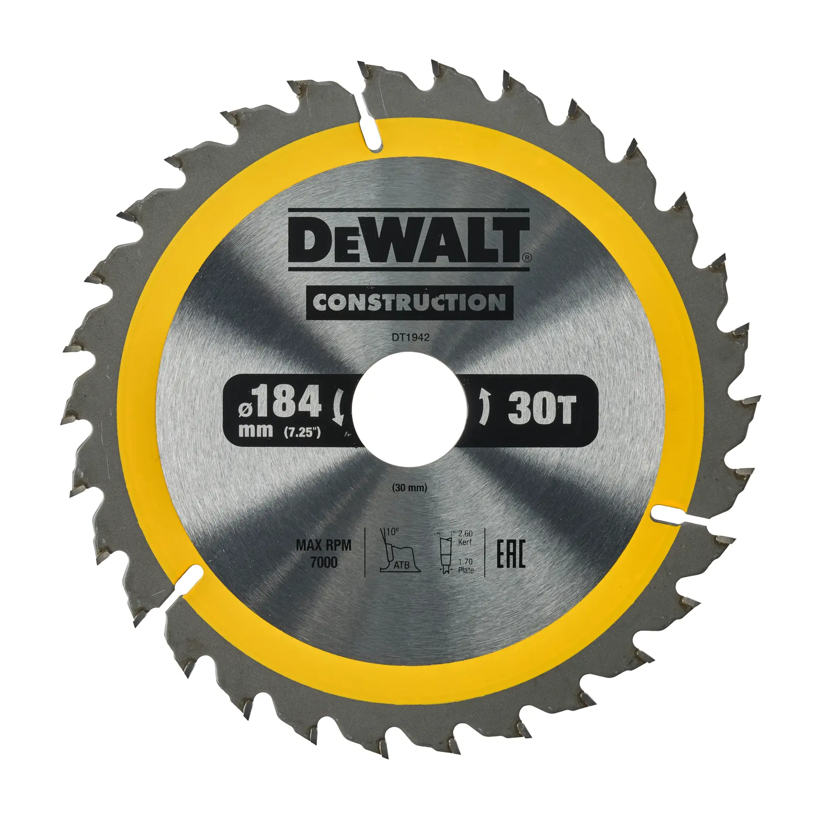 Lame de scie circulaire DEWALT DT1942, diamètre 184mm, 30 dents, bord jaune, métal.
