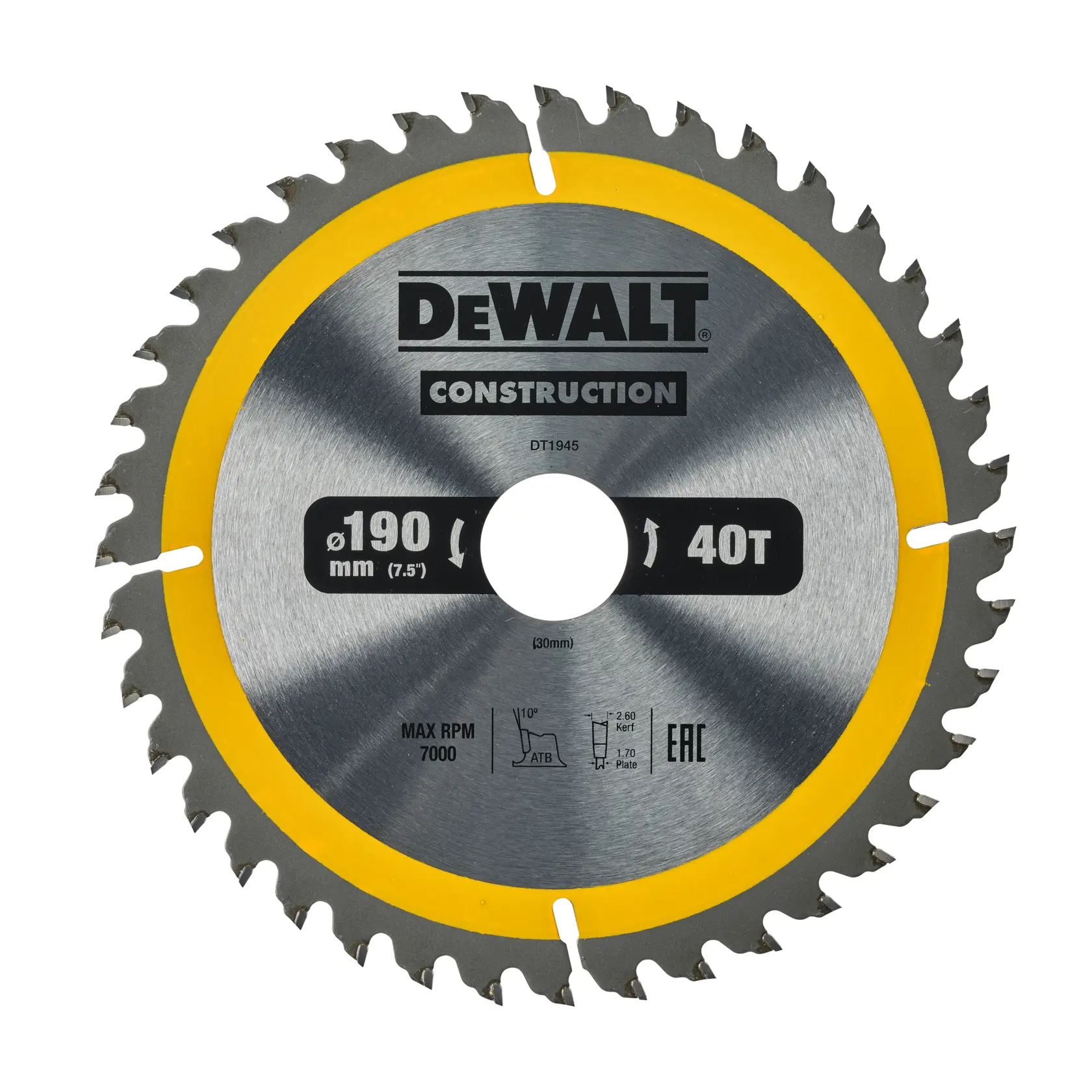 Lame de scie circulaire DEWALT DT1945, diamètre 190mm, 40 dents, argentée avec anneau jaune, usage construction.