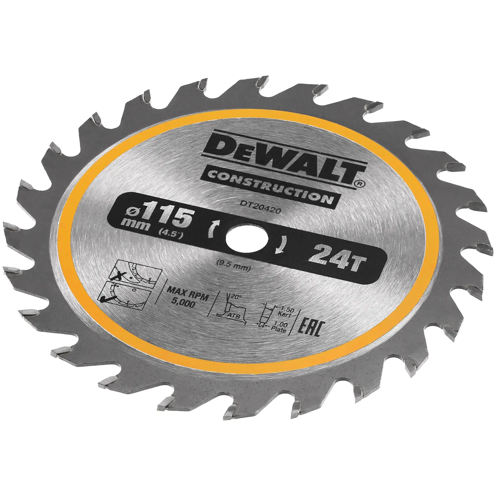Lame de scie circulaire DEWALT 115mm 24T pour la construction, DT20420, max 5 000 RPM.