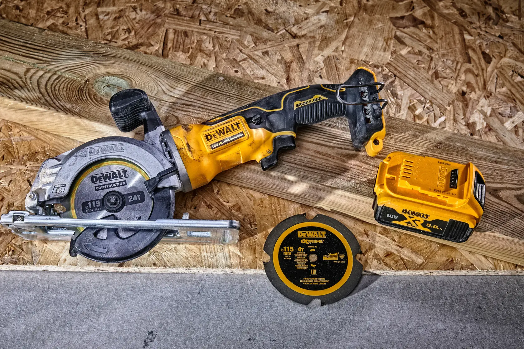 Graphic showing DEWALT XTREME Sub-Compact Series branding with the slogan 'Compact and Performance Packed' on a yellow background.