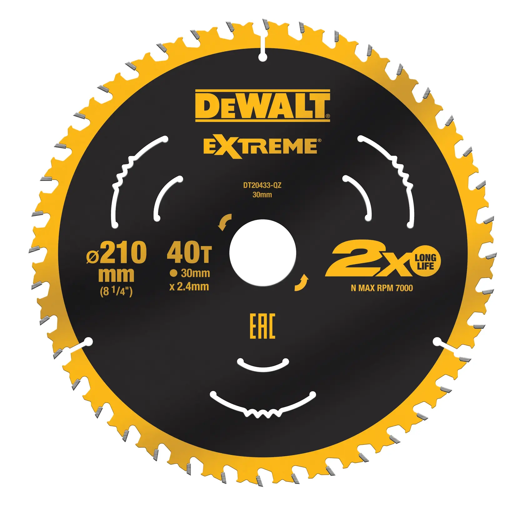 Lame de scie circulaire DEWALT DT20433 210mm, 40 dents, noire et dorée, longue durée de vie.