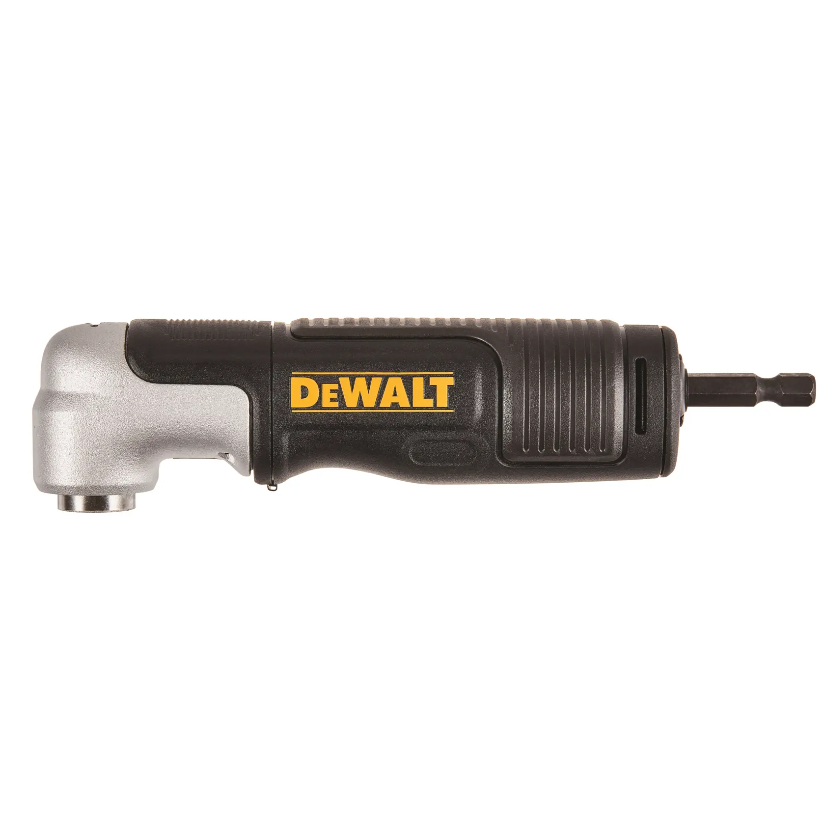 Accessoire coudé DEWALT DT20500 pour perceuses, design compact noir et argent, vue de côté.