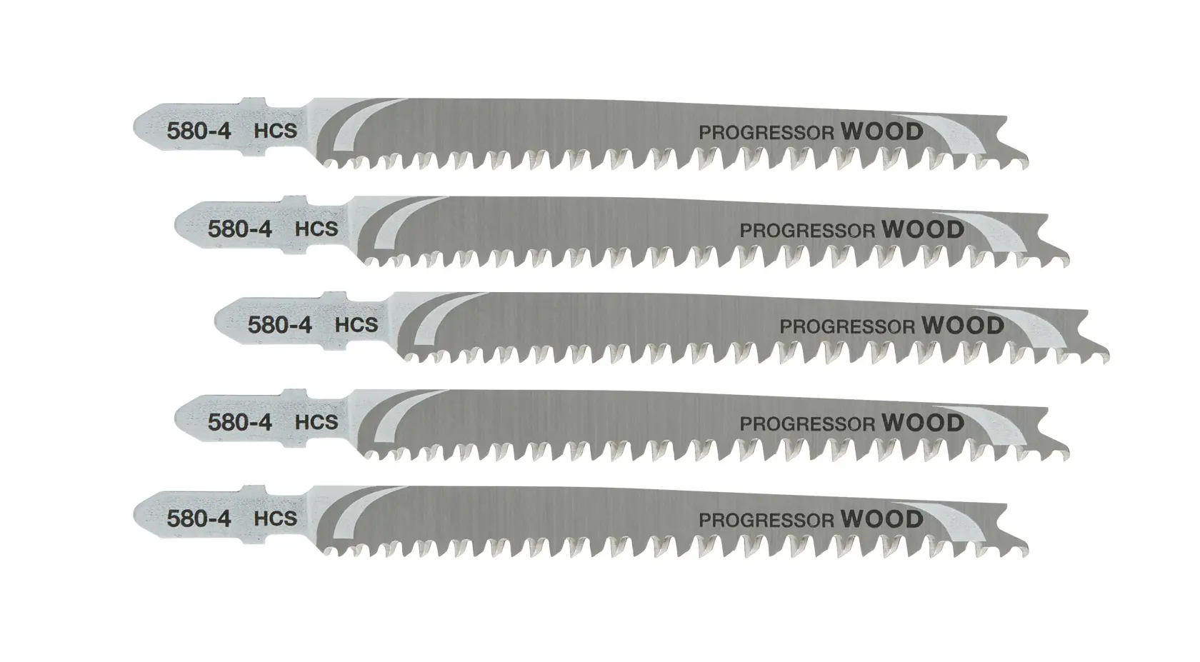 Cinq lames de scie sauteuse DEWALT DT2057 pour bois, couleur argent, dents aiguisées alignées.