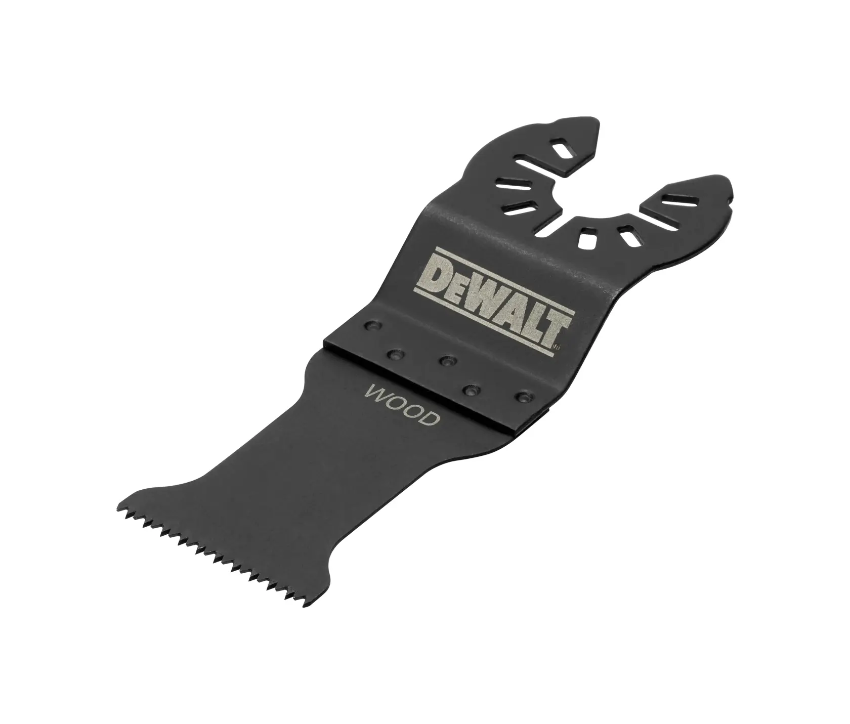 Lame oscillante DEWALT DT20733 pour bois, accessoire noir en métal, présentée sur fond blanc.