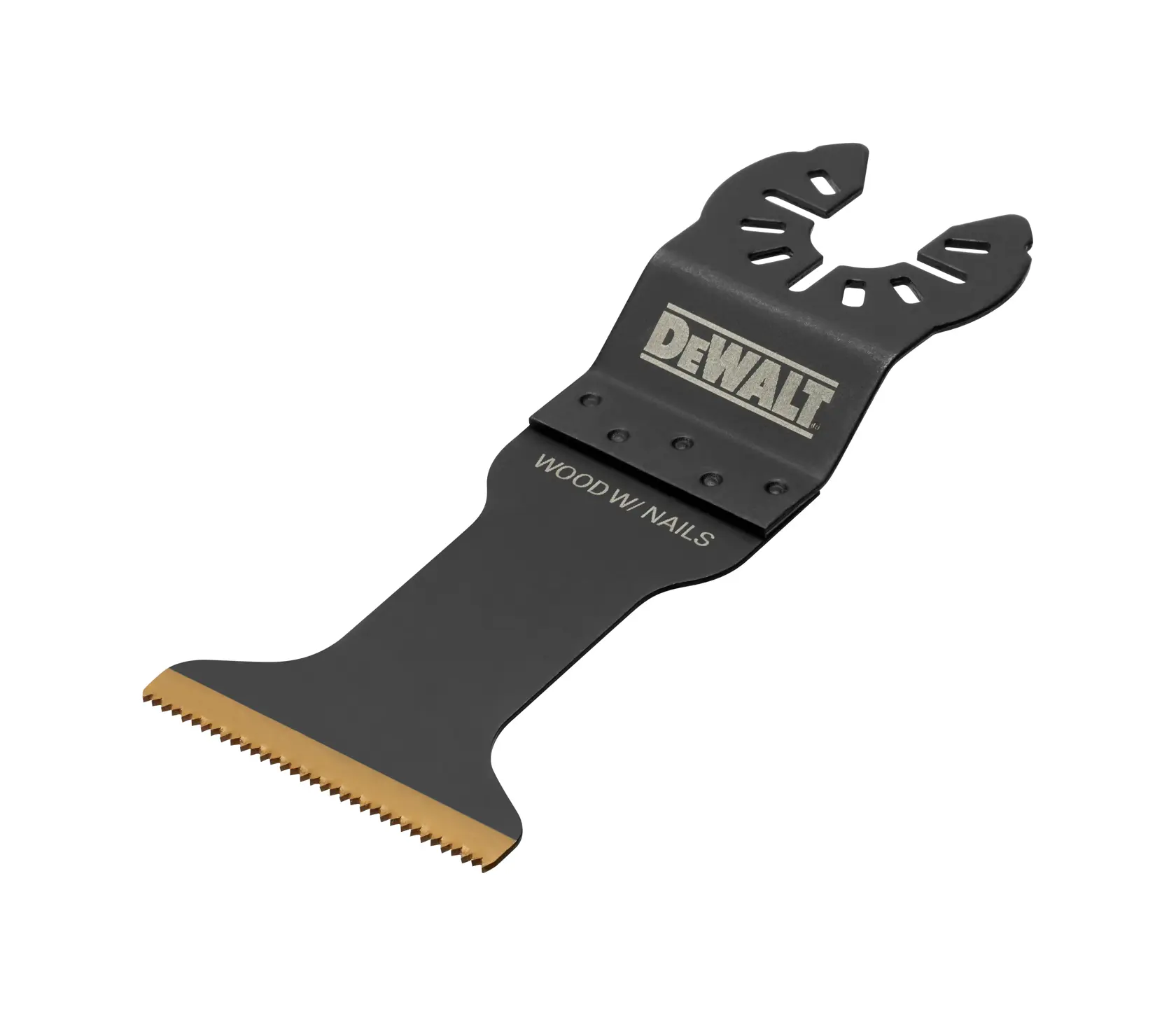 Lame DEWALT DT20736 pour outil oscillant, coupe bois avec clous, noire avec dents dorées.