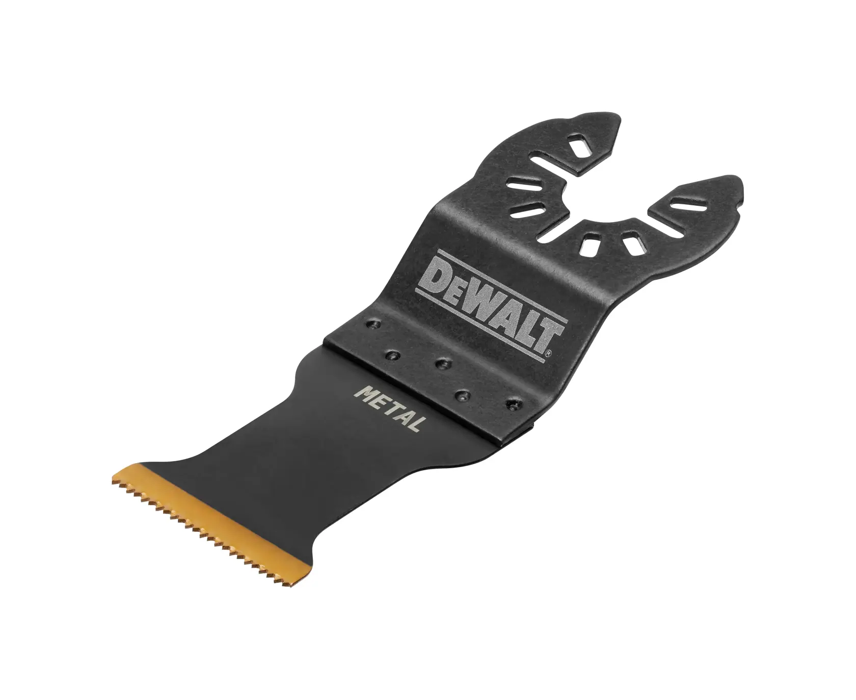 Lame de découpe métal noire DEWALT DT20737 pour outils oscillants, dents dorées, fentes de montage.