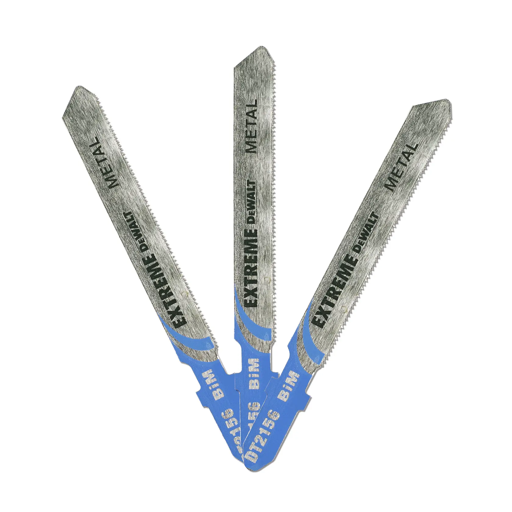 Three DEWALT DT2156 jigsaw blades for cutting metal, arranged in a fan pattern on a white background.