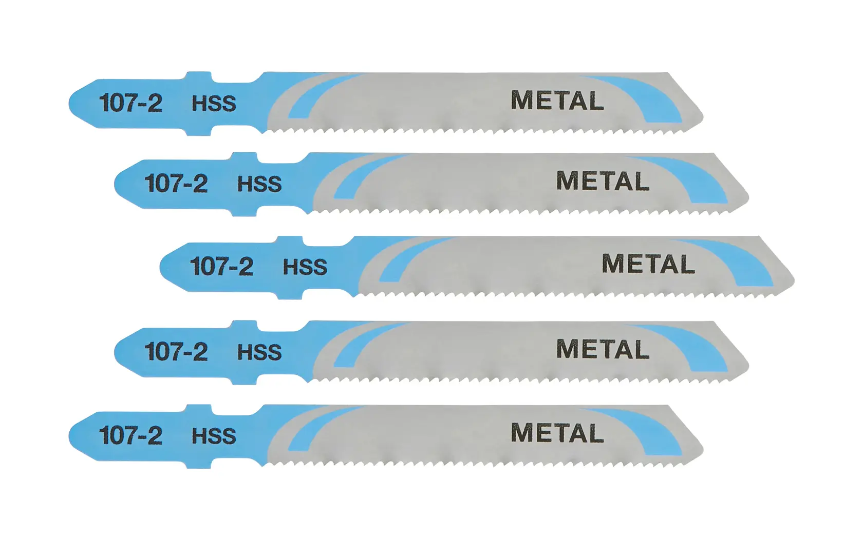 Cinq lames de scie sauteuse DEWALT DT2160 pour métal, argentées avec embouts bleus, sur fond blanc.