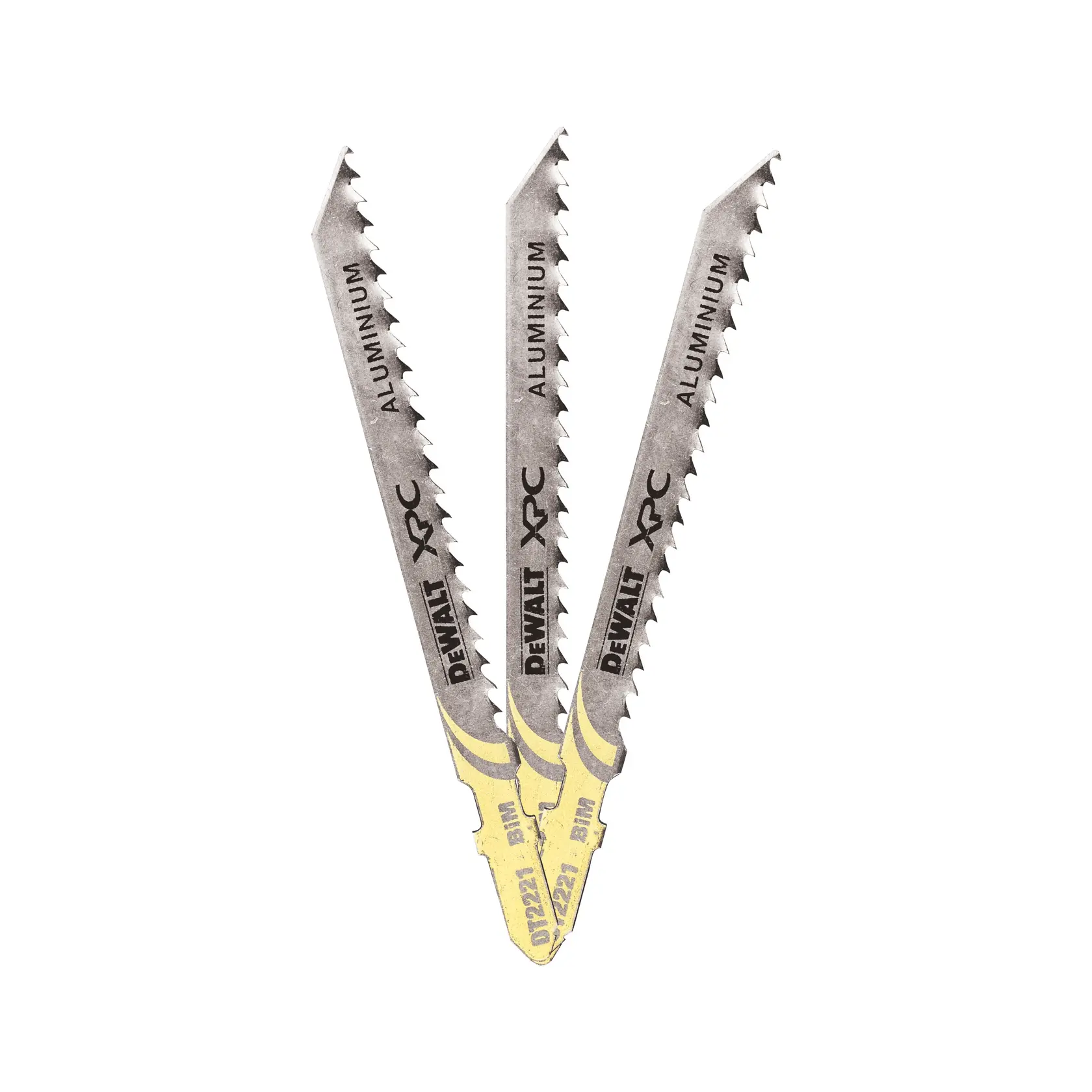 Trois lames de scie sauteuse DEWALT pour aluminium, modèle DT2221, en éventail sur fond blanc.