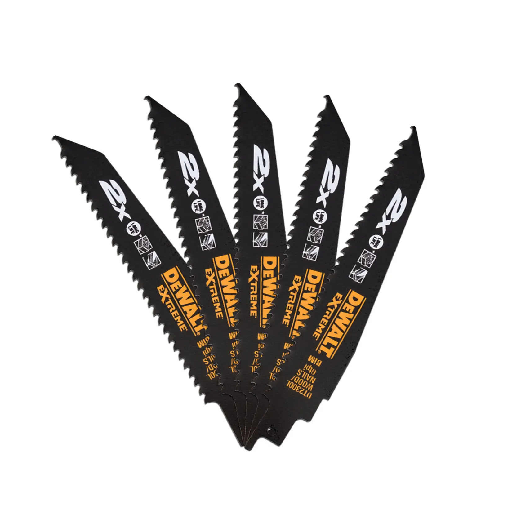 Cinq lames de scie sabre DEWALT DT2300L noires déployées, avec logo et détails visibles.