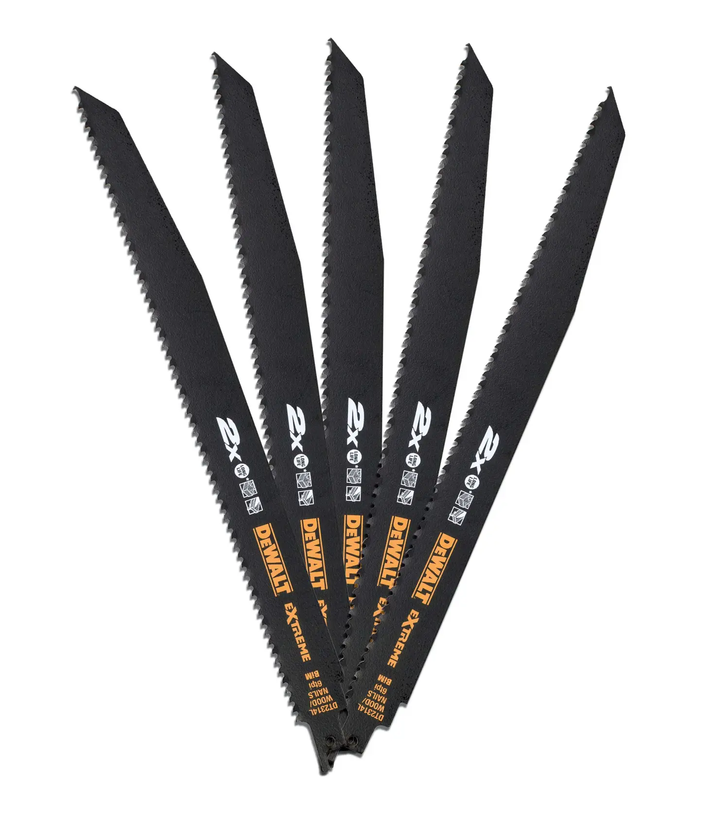 Cinq lames de scie sabre DEWALT DT2314L noires avec logo jaune, disposées en éventail.