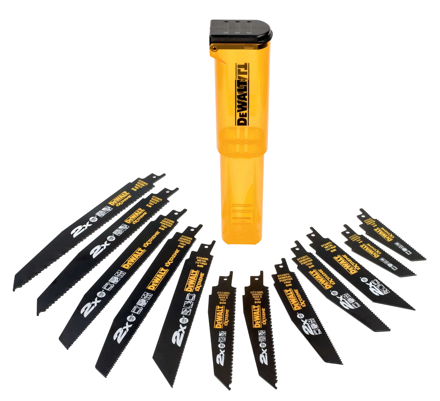 Juego de hojas para sierra recíproca DEWALT DT2441L mostrado con caja de almacenamiento amarilla, incluye varias hojas negras dispuestas en semicírculo.