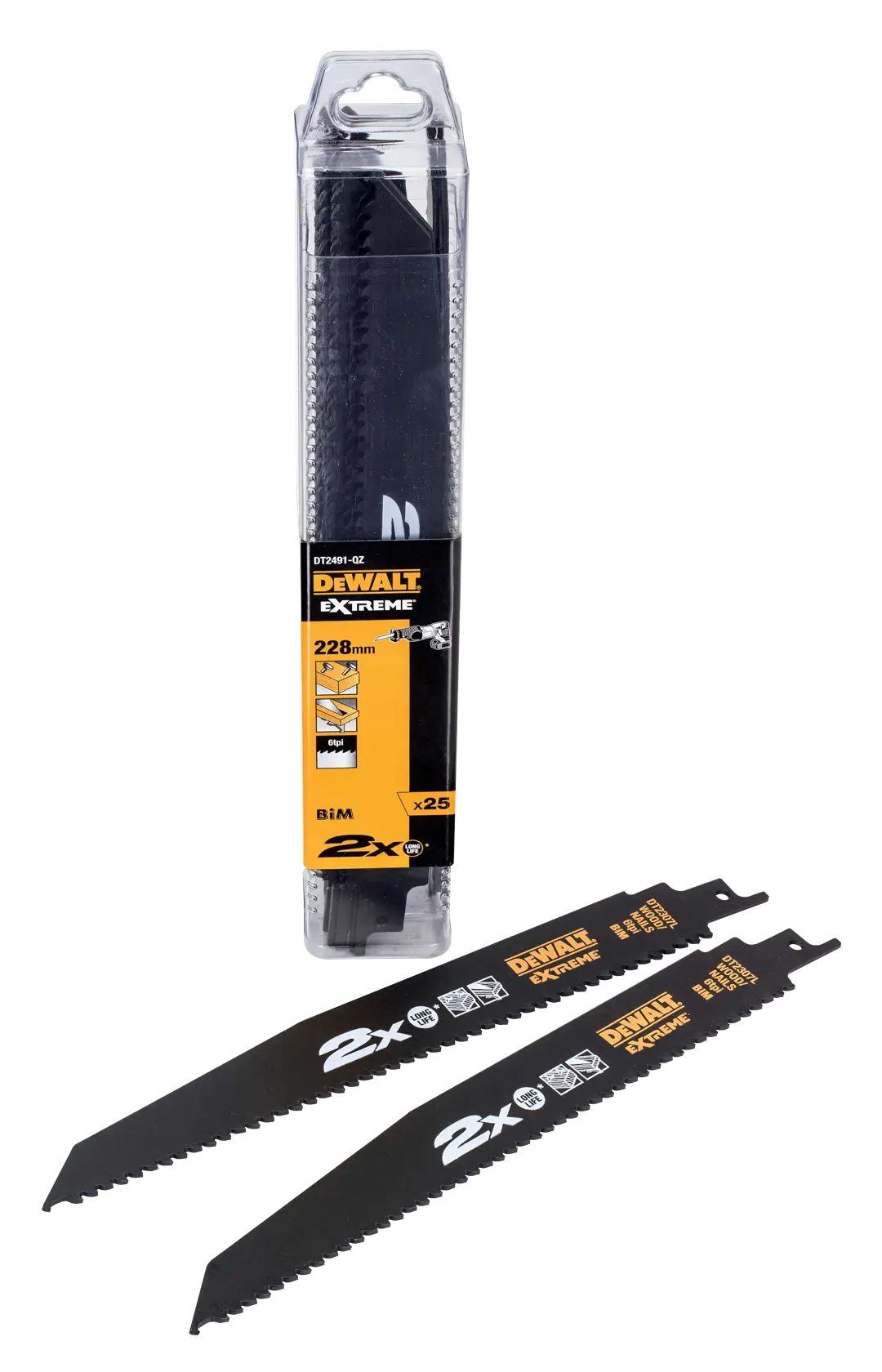 DEWALT Extreme reciprocating saw blades, SKU DT2491, shown in packaging and two individual blades displayed. The blades are 228mm long, designed for cutting materials, and come in a pack of 25.
