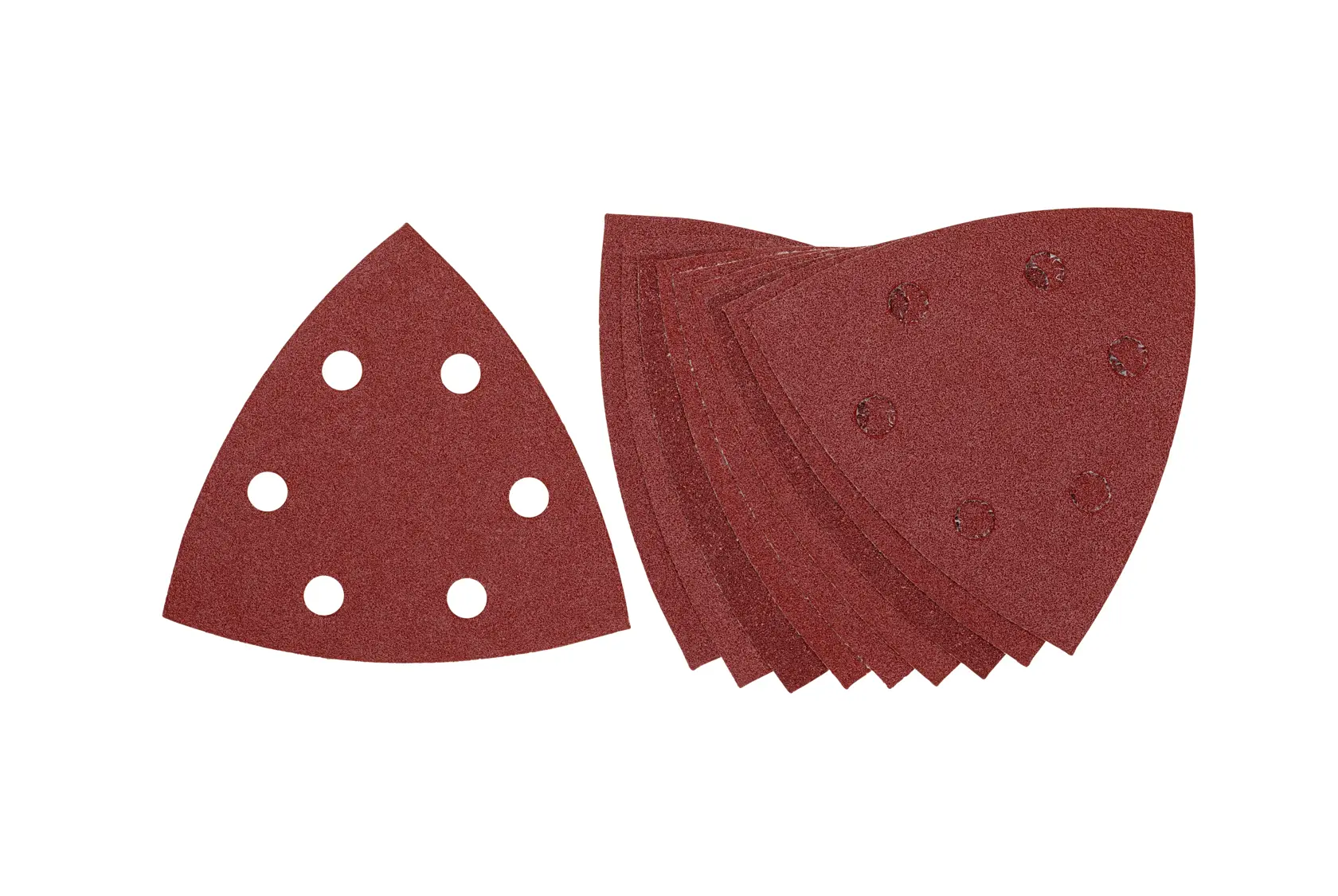 Set of DEWALT triangular sanding sheets with holes for detail sanders, shown in a fanned arrangement.