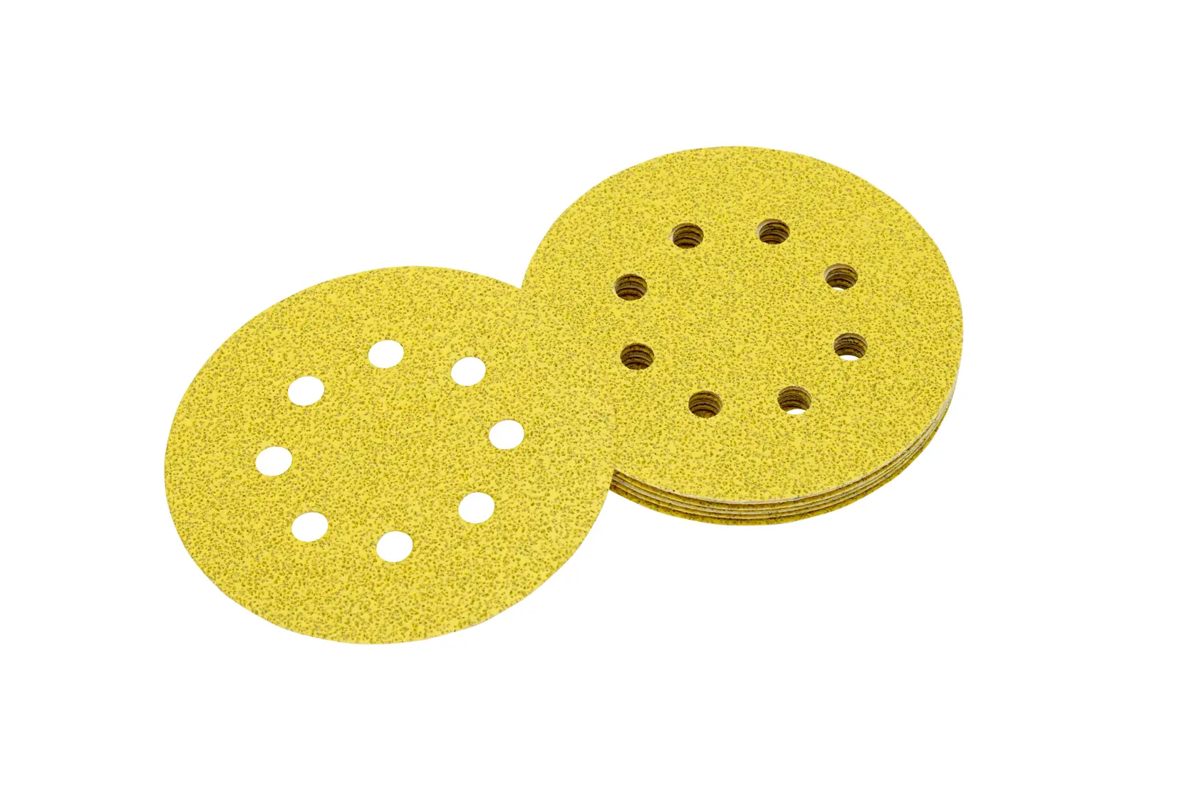 Stacked yellow DEWALT sanding discs with eight holes for dust extraction, viewed on a white background.