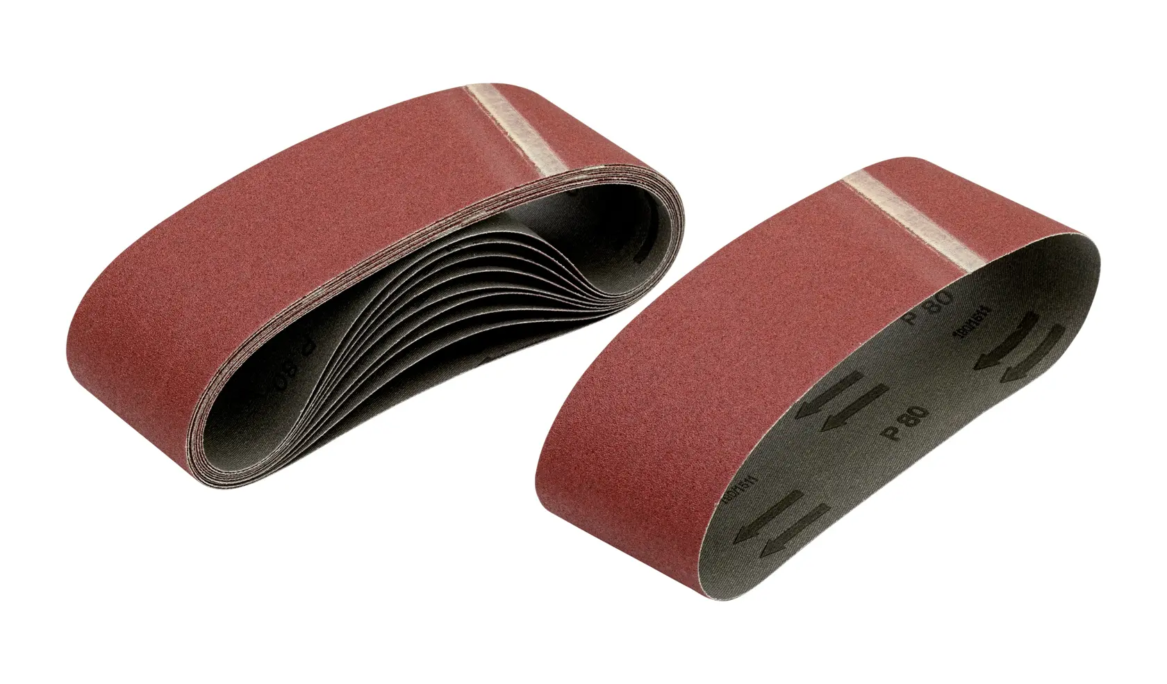 Deux bandes abrasives rouges DEWALT avec grain, pour ponçage et finition des surfaces.