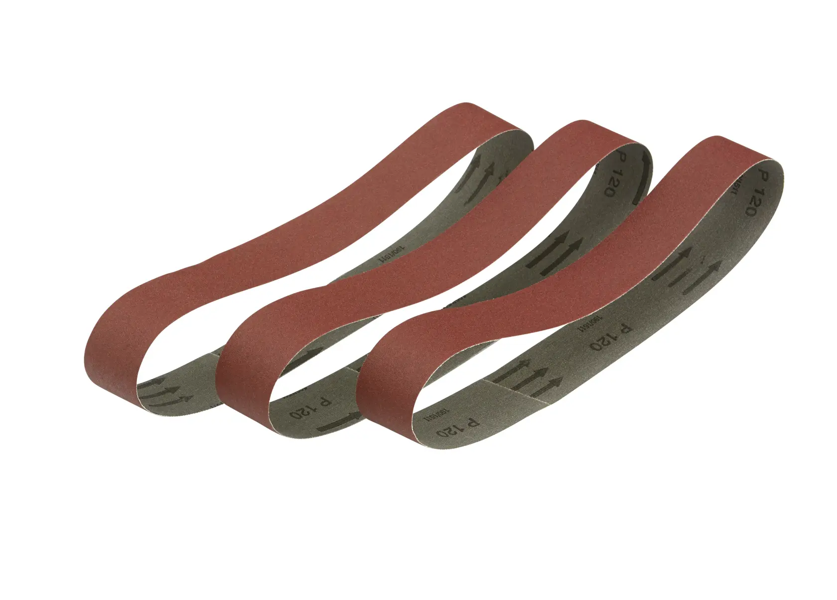 Three DEWALT sanding belts in reddish-brown color, shown on a white background.