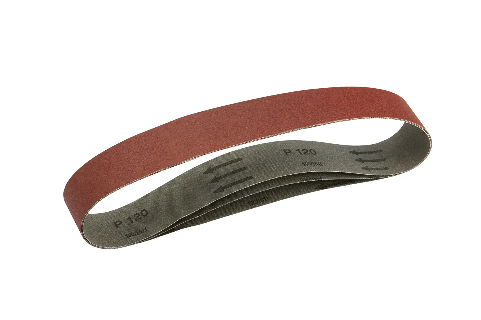 DEWALT sanding belt P120 for power tools, brown grit exterior and marked interior, shown on white background.