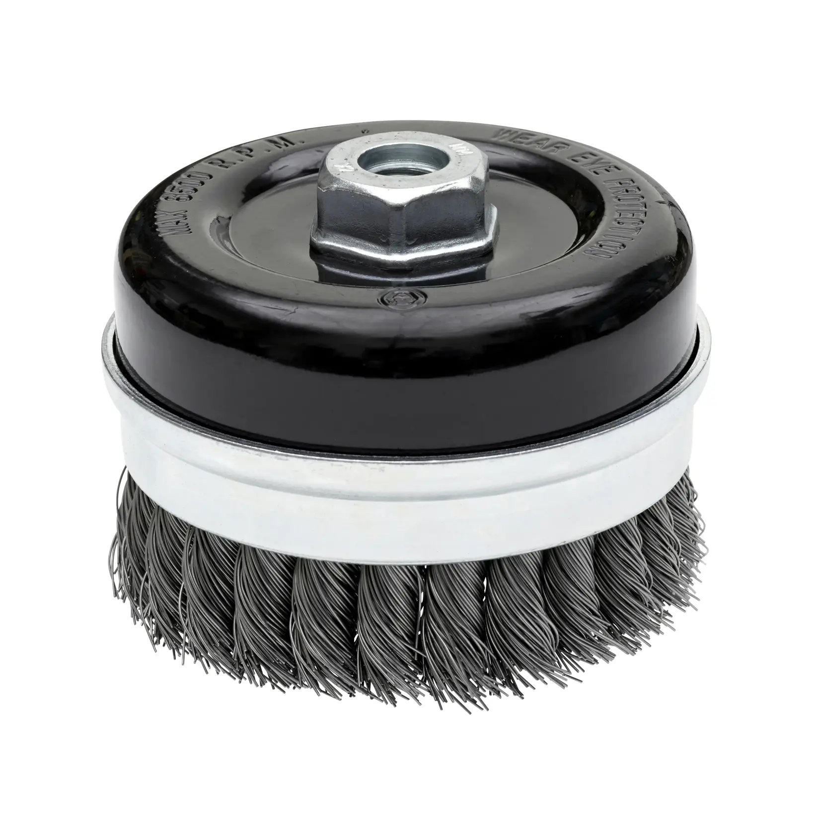 Brosse métallique ronde avec base en métal et écrou, utilisée pour le nettoyage ou la préparation de surfaces.