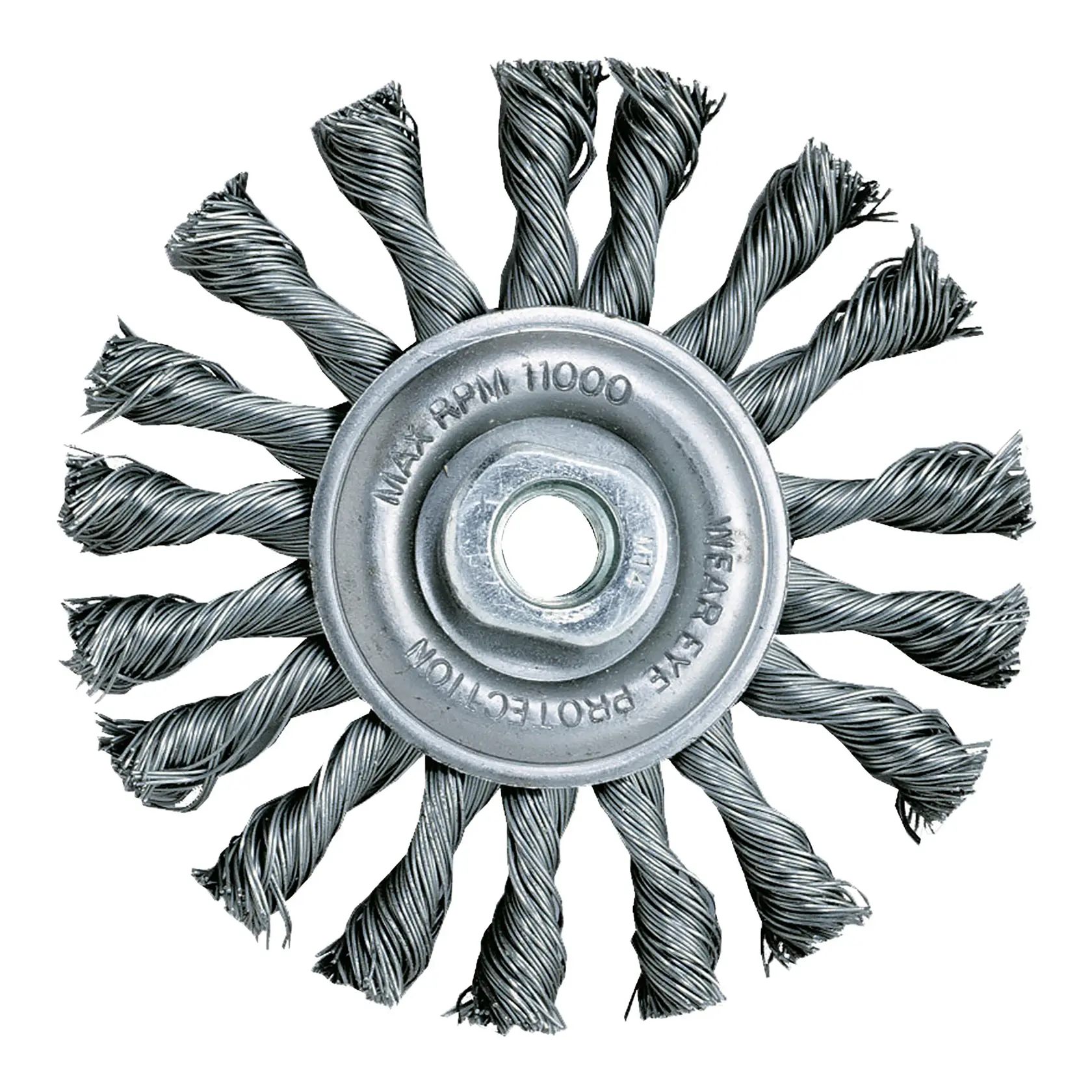 Image en gros plan d’une brosse à roue en fil torsadé DEWALT avec des poils métalliques serrés disposés en cercle, généralement utilisée pour le nettoyage, l’ébavurage et la préparation des surfaces.