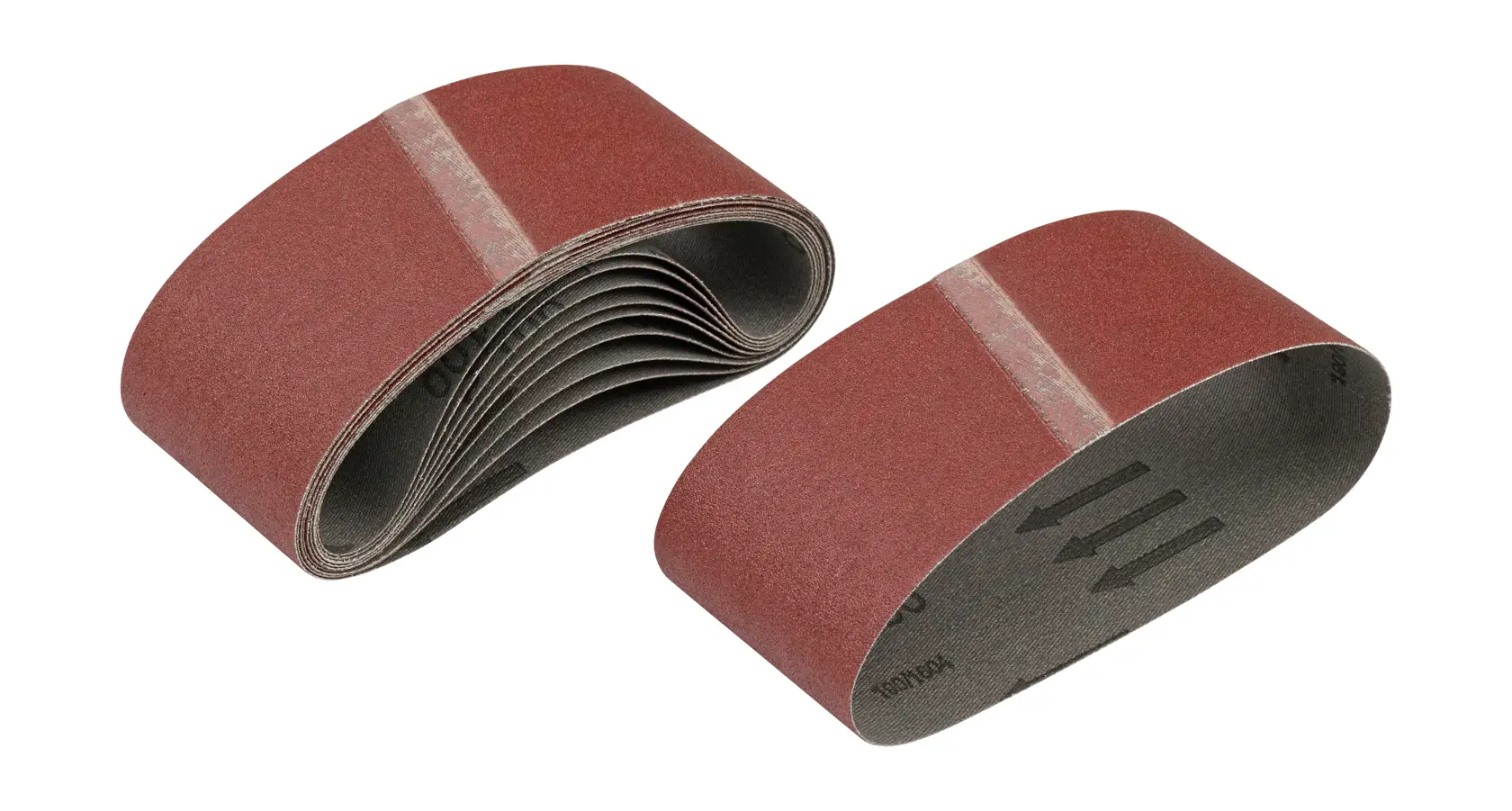 Two DEWALT sanding belts, brown with a seam, for use with belt sanders on wood or metal surfaces.
