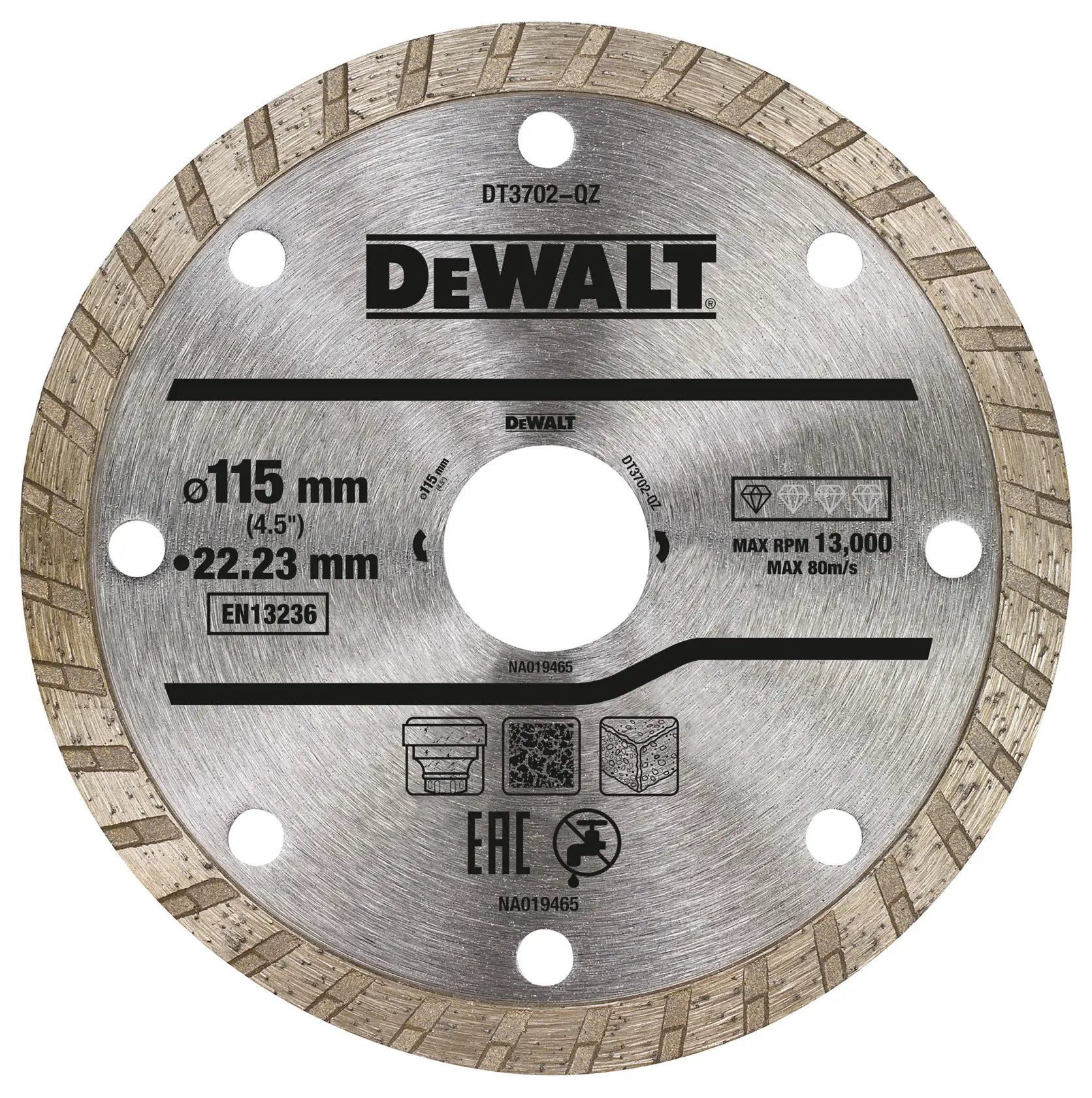 Disque diamant DEWALT DT3702 de 115 mm pour pierre, béton et carreaux. Circulaire, détails étiquetés.