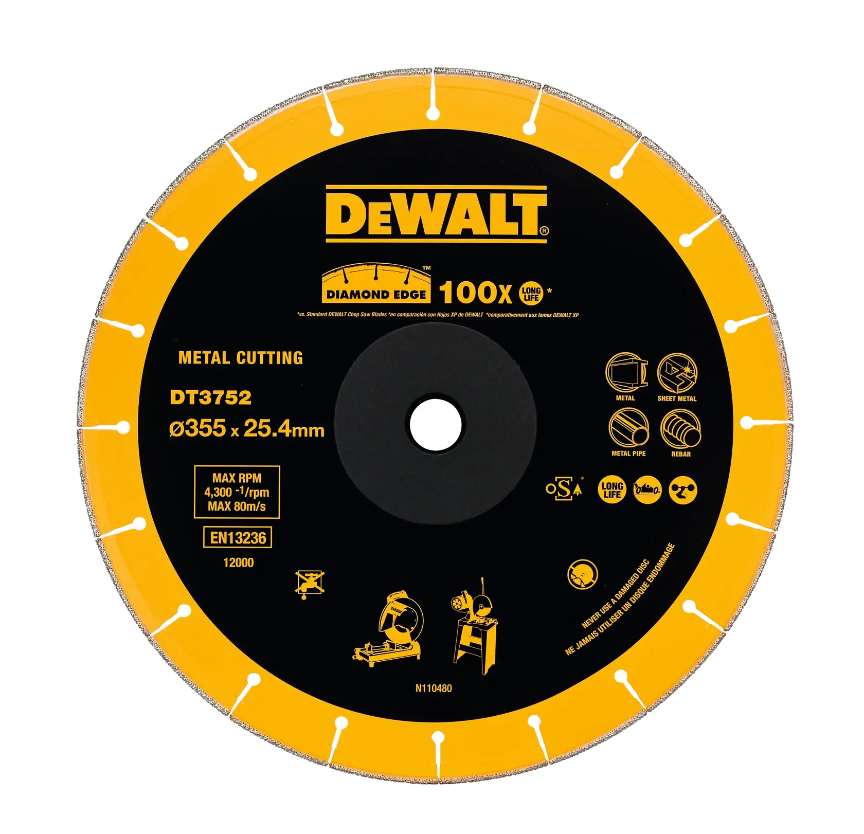 Lame diamant DEWALT DT3752, coupe métal, diamètre 355mm, longue durée de vie.