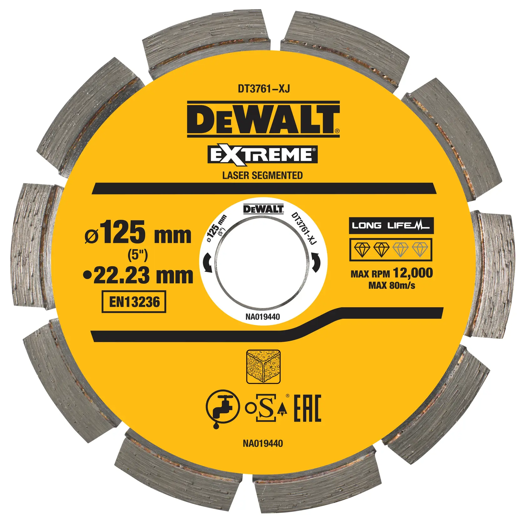 Lame diamantée segmentée laser Extreme DEWALT DT3761 de couleur jaune, diamètre de 125 mm et alésage de 22,23 mm, adaptée à la découpe de matériaux, avec une vitesse maximale de 12 000 tr/min et des indications pour longue durée de vie et normes de sécurité.