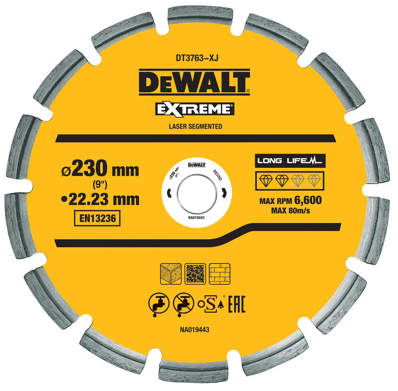 Lame diamant segmentée DEWALT DT3763 Extreme, 230mm, jaune, détail du produit imprimé dessus.