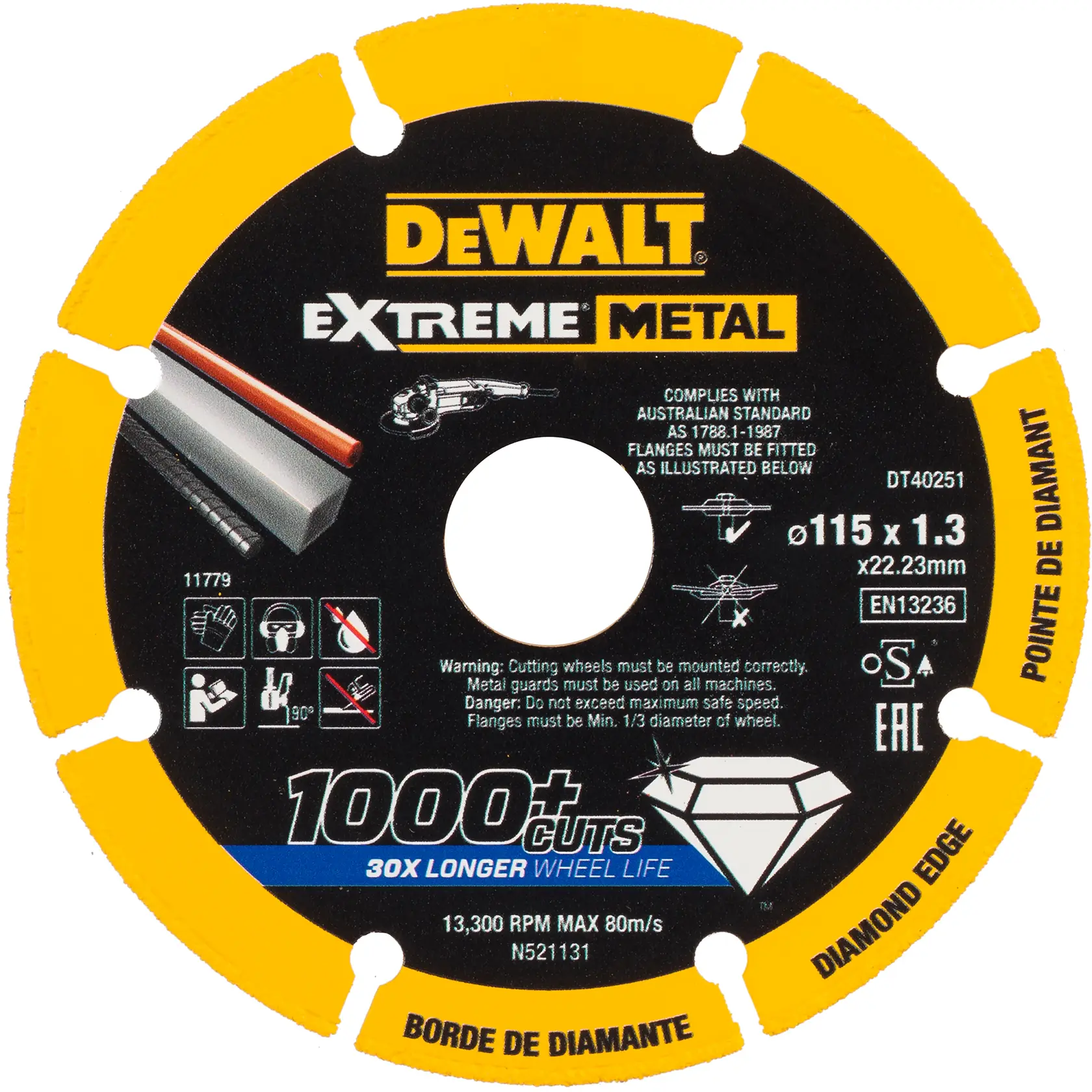 Disque de coupe DEWALT Extreme Metal à bord diamant, 115mm, noir et jaune, pour métal, DT40251.