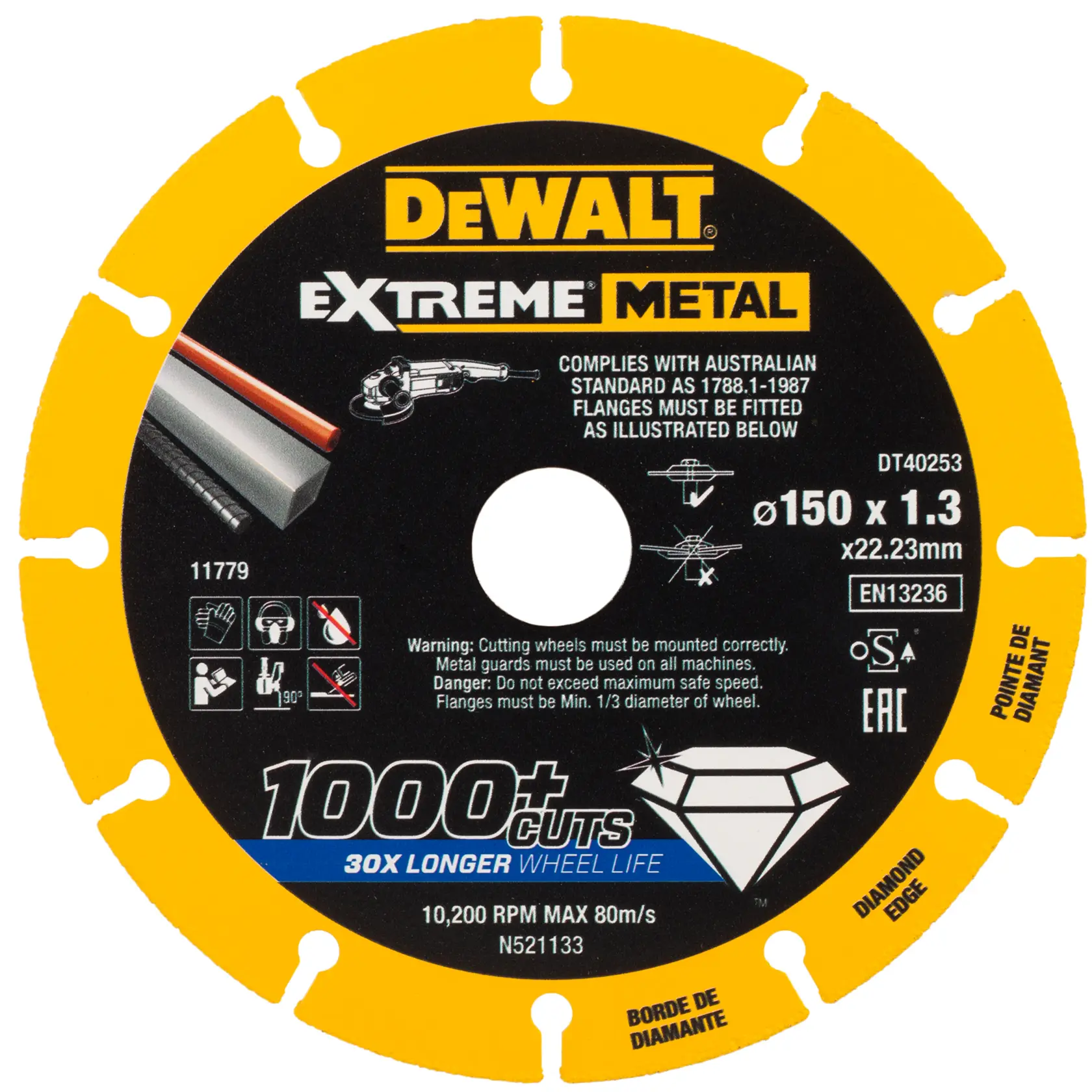 Disque DEWALT DT40253 Extreme Metal, 150x1.3 mm, bord jaune diamanté, durée de vie améliorée.