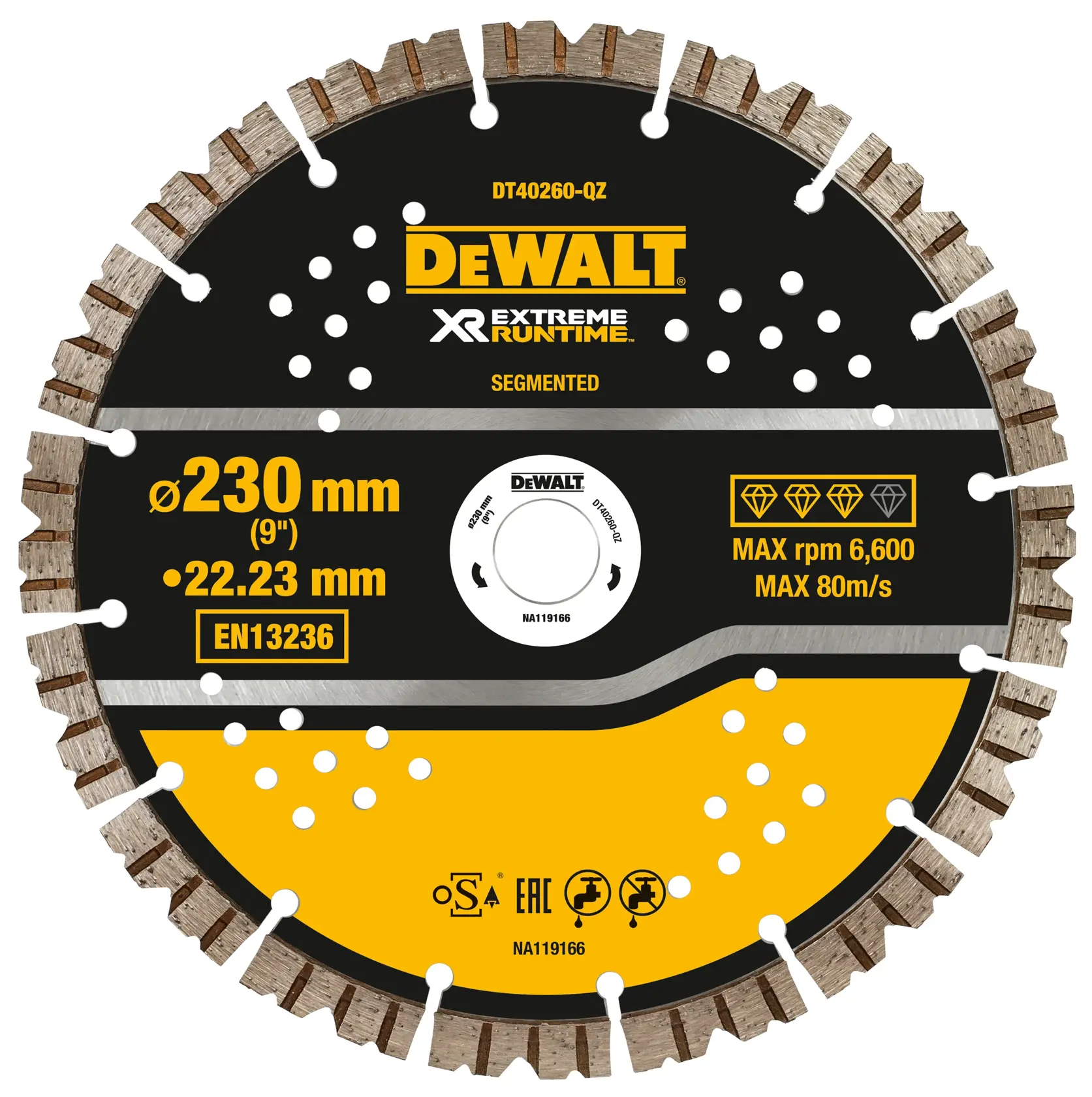 Lame diamantée segmentée DEWALT DT40260, 230 mm de diamètre, max 6600 tr/min, design noir et jaune.