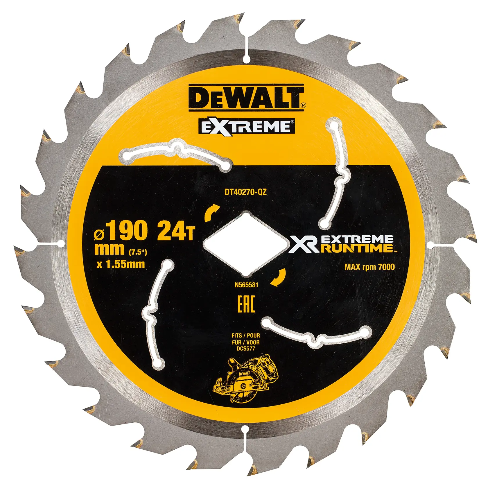 Lame de scie DEWALT DT40270, 24 dents, diamètre 190 mm, bois. Design Extreme Runtime.