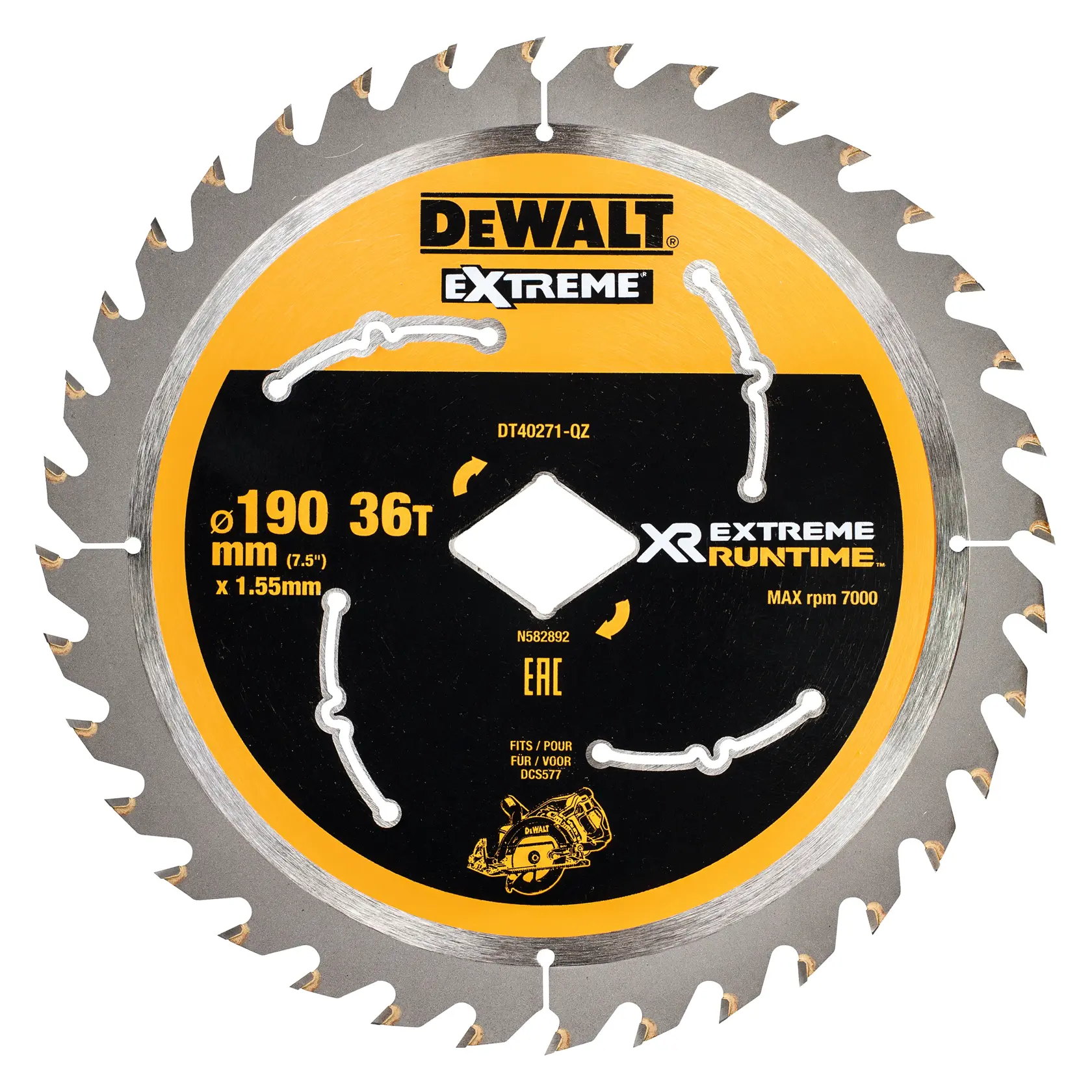 Lame de scie circulaire DEWALT DT40271 190mm 36T jaune et noire pour XR Extreme Runtime.