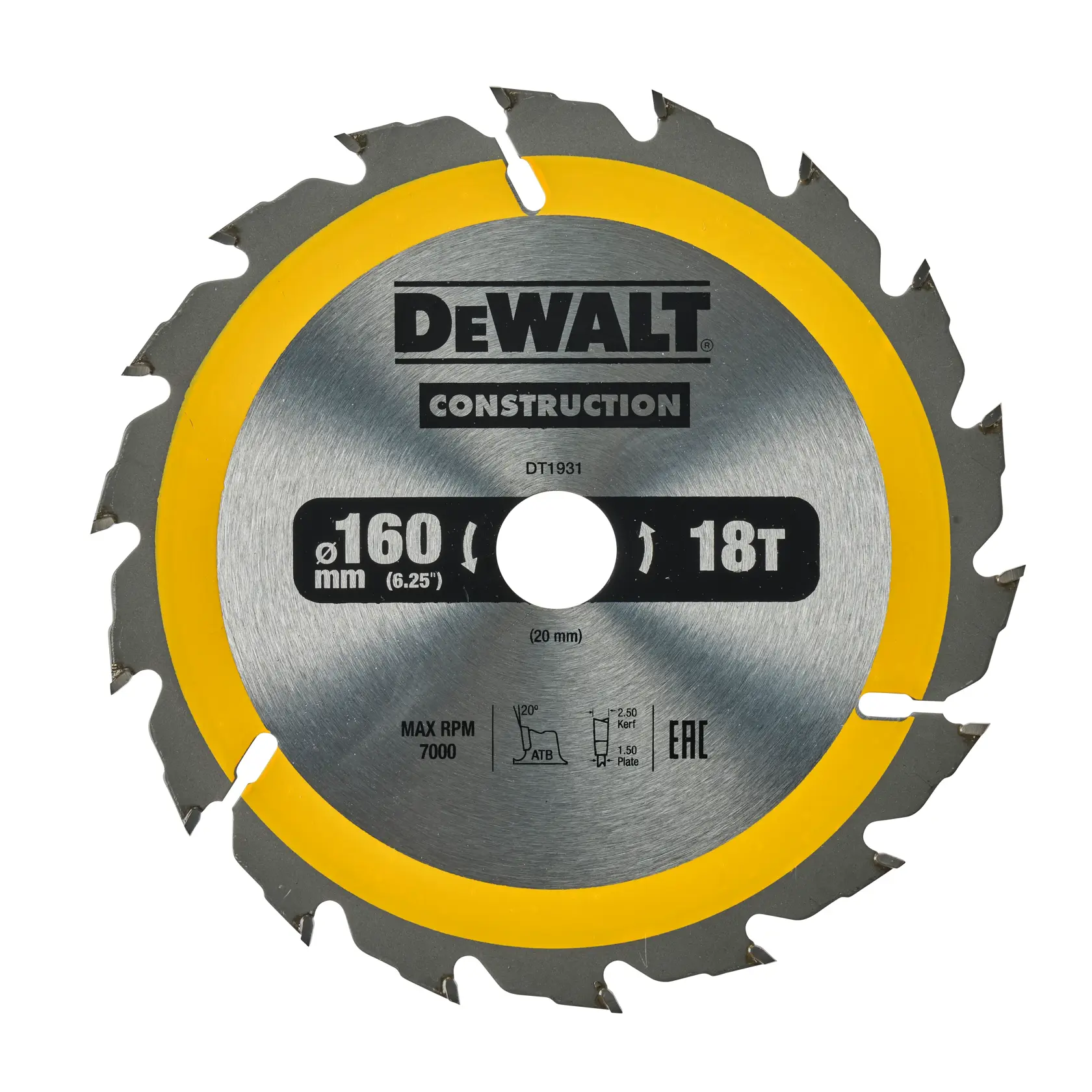 Lame de scie circulaire DEWALT DT4031 160mm 18 dents, bord jaune, détails techniques visibles.