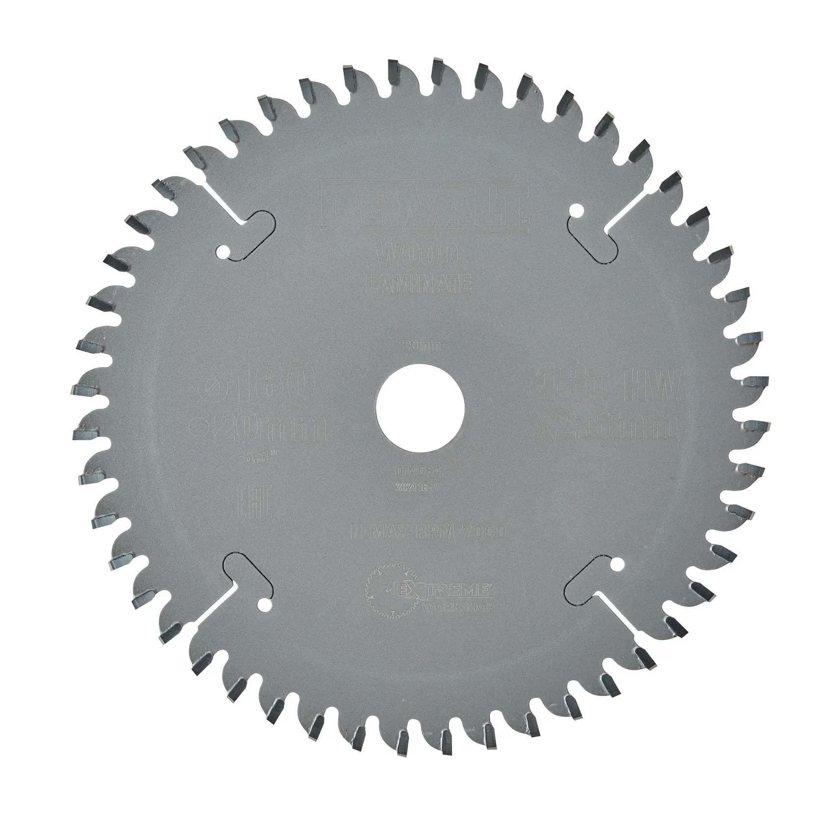 Lame de scie circulaire DEWALT DT4084 pour bois et stratifié, argentée avec denture et trou central.