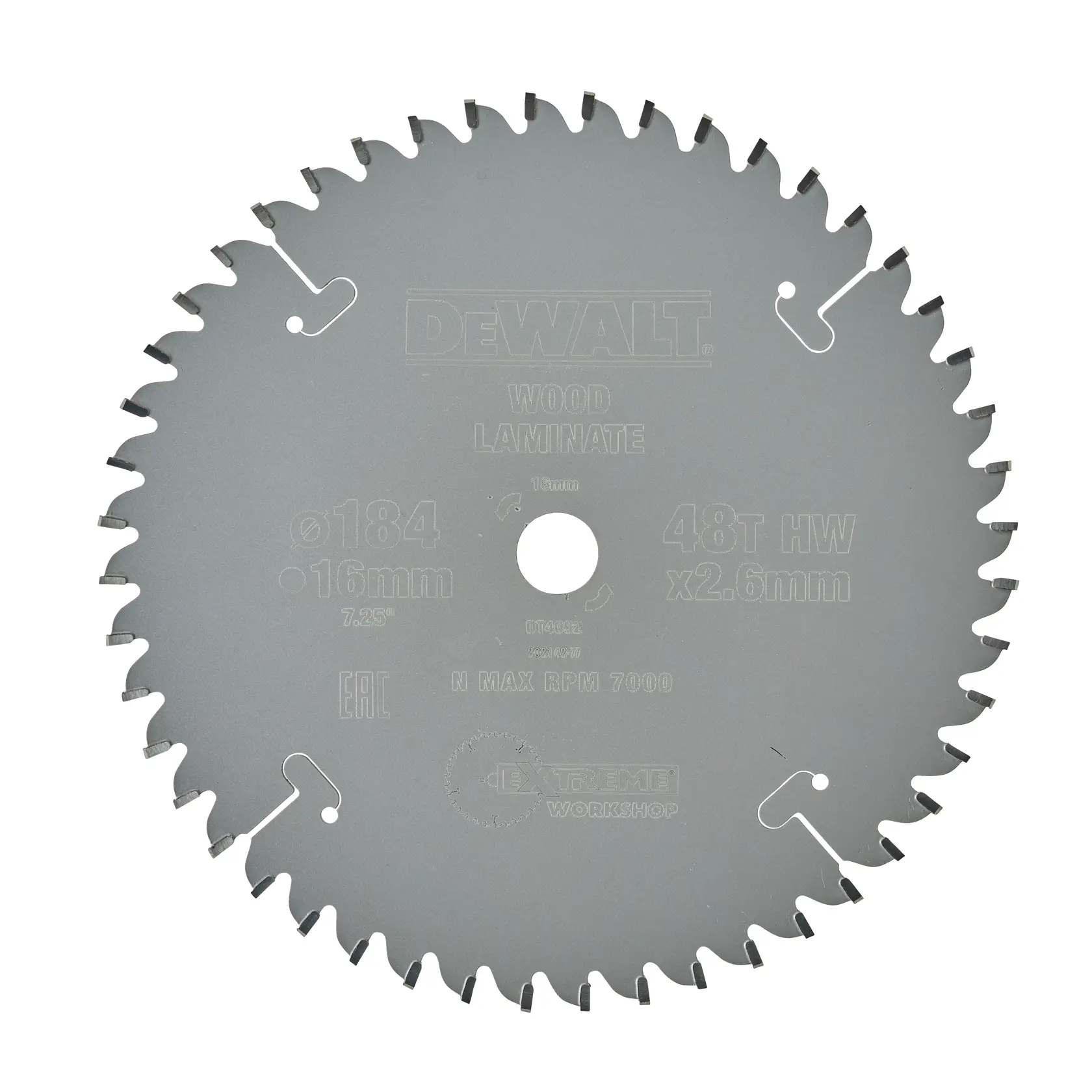 Lame de scie circulaire DEWALT DT4092 pour bois et laminé, 184 mm, 48 dents, couleur argent.
