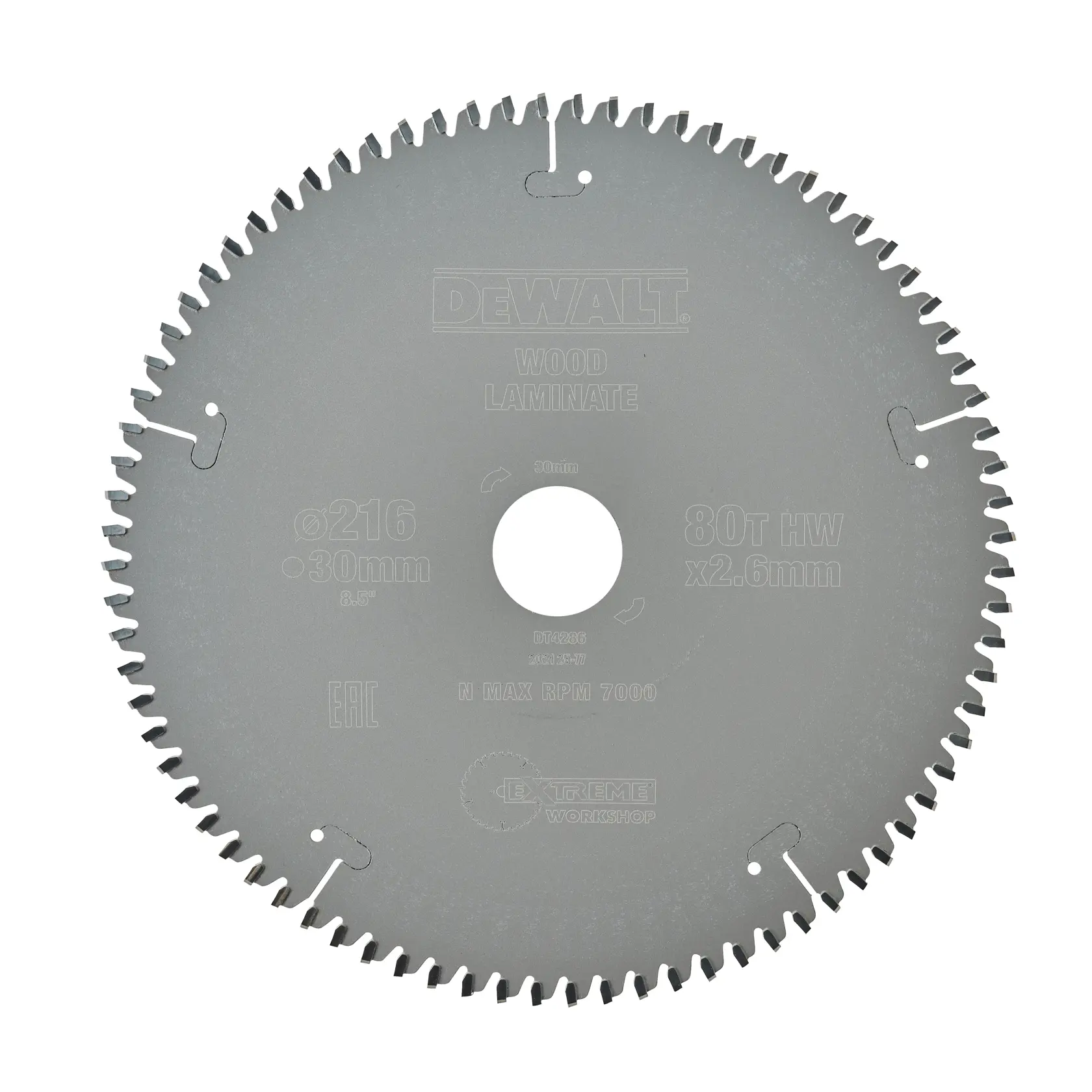 Lame de scie circulaire DEWALT DT4286 pour bois et stratifié, 216 mm, 80 dents, couleur argentée.