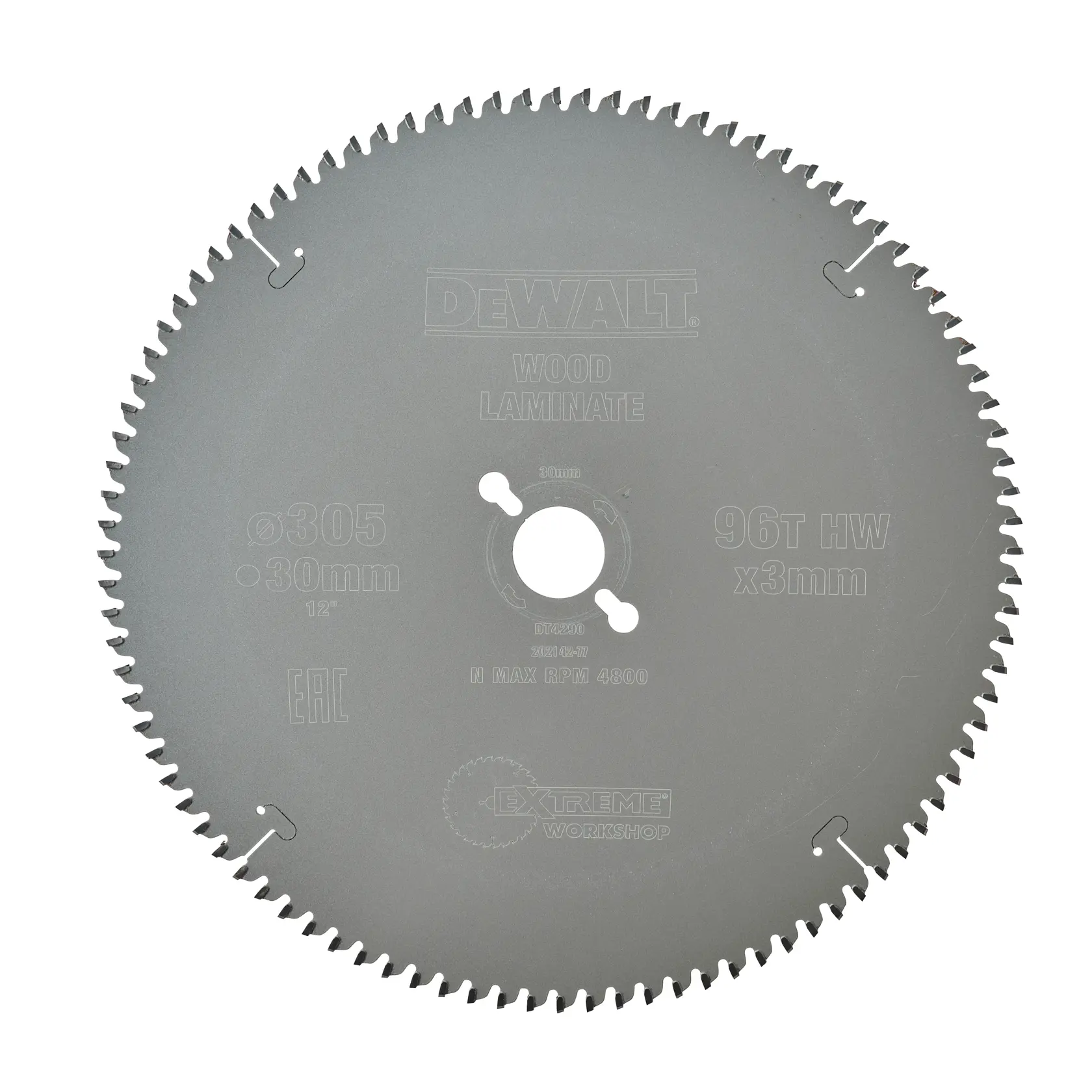 Lame de scie circulaire DEWALT DT4290 pour bois et laminé, diamètre 305 mm, alésage 30 mm, 96 dents, matériau HW, pour usage en atelier.