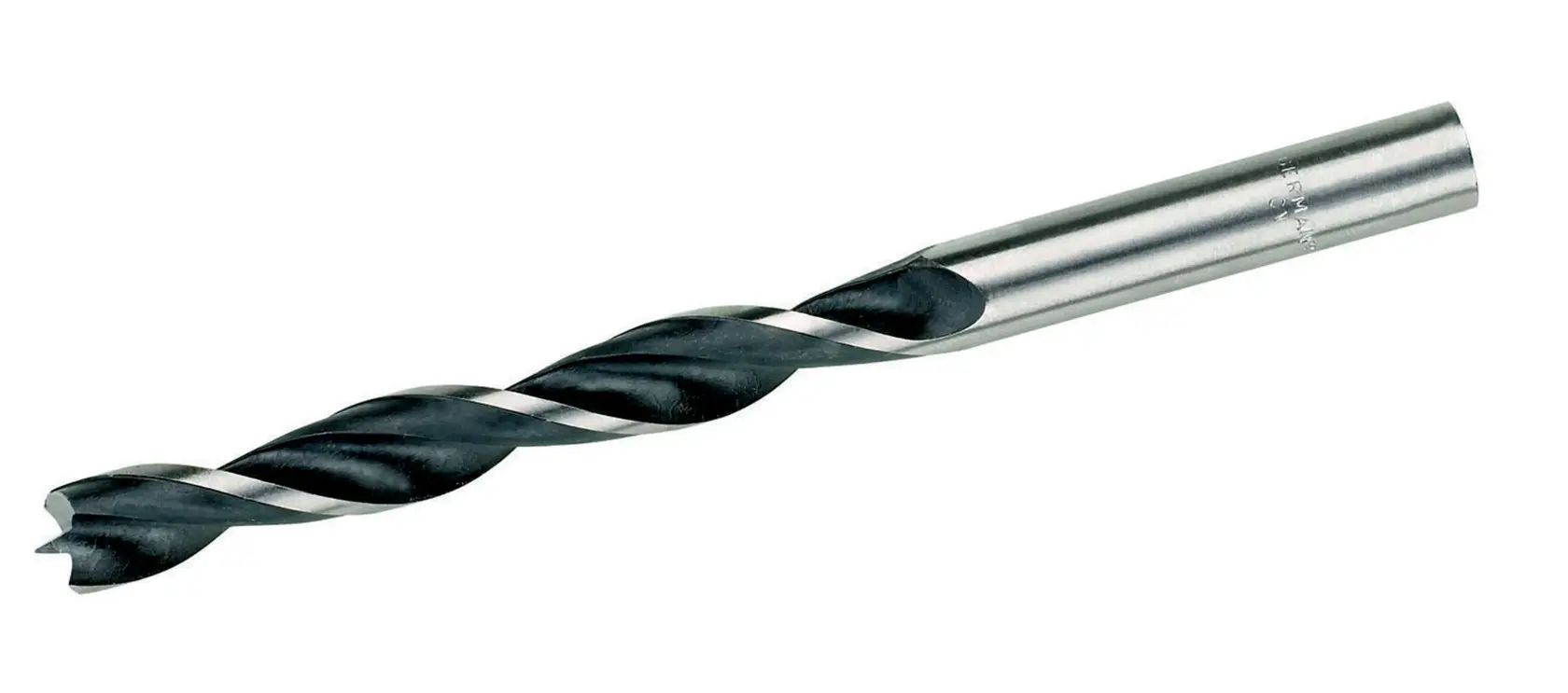 Gros plan sur une mèche à métaux en spirale DEWALT avec queue cylindrique, conçue pour percer des trous dans des surfaces métalliques. La mèche est argentée avec une rainure hélicoïdale foncée.