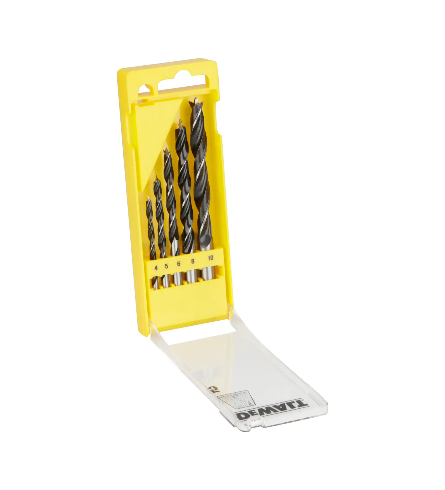 Set de forets DEWALT dans une boîte jaune avec cinq tailles différentes, couvercle transparent ouvert.