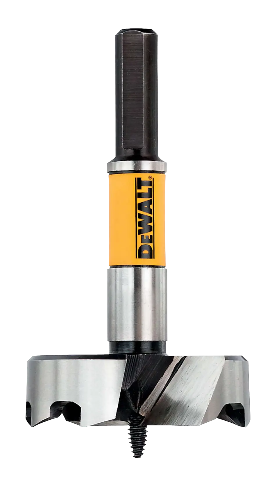 DEWALT DT4589 wood drill bit with hex shank and center screw, used for precise woodworking hole cuts.