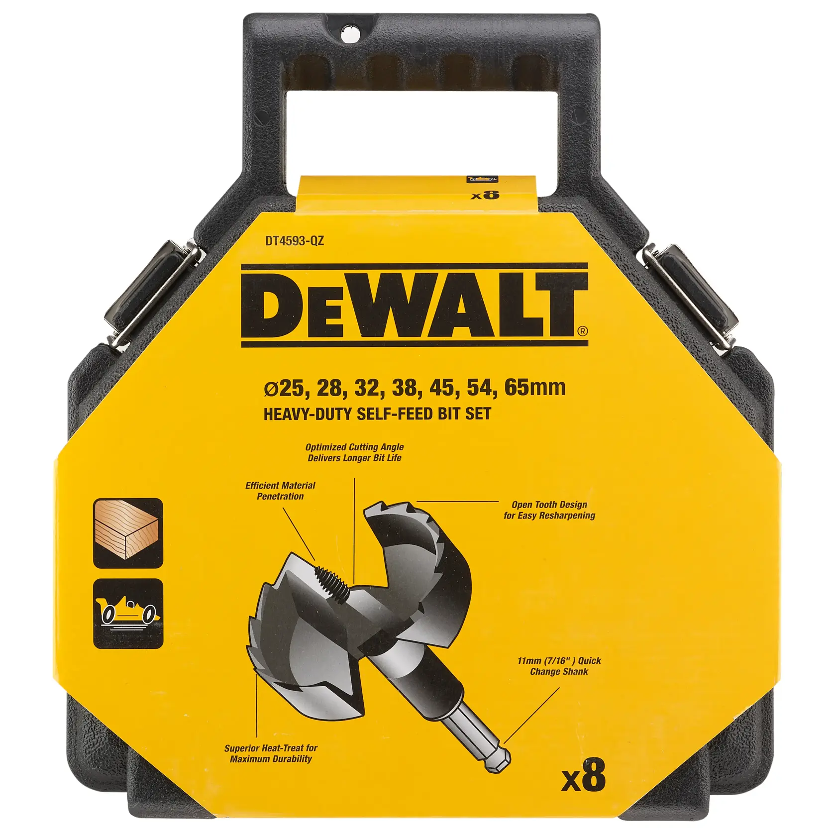 DEWALT heavy-duty self-feed bit set DT4593, 8 pieces, in a yellow and black carry case.